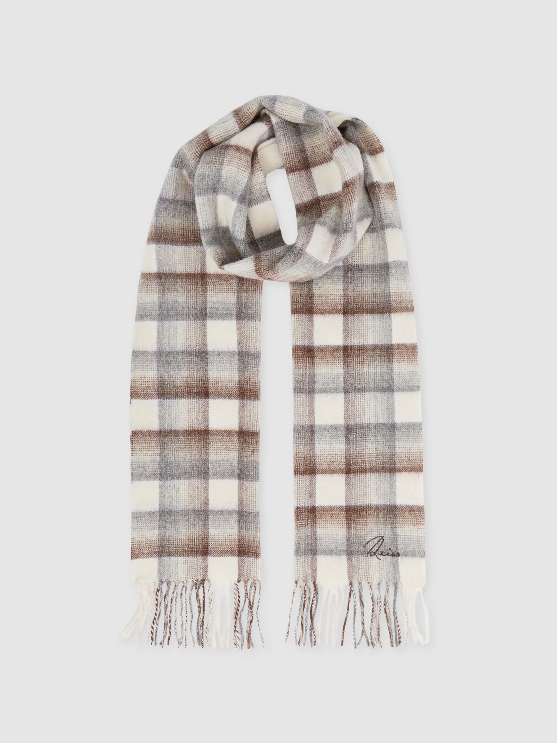 Wool and Cashmere Check Scarf in Brown/Oatmeal/Grey - Image 2 of 5