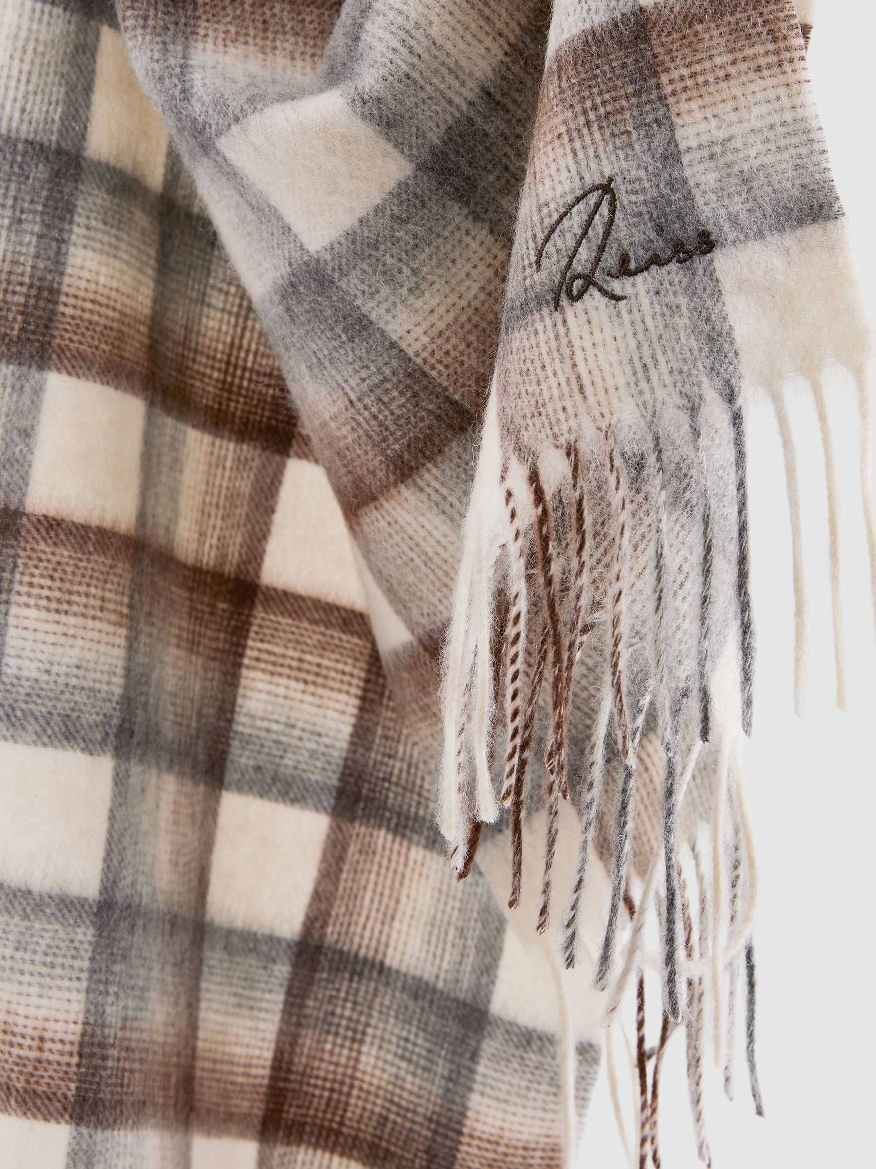 Wool and Cashmere Check Scarf in Brown/Oatmeal/Grey - Image 3 of 5