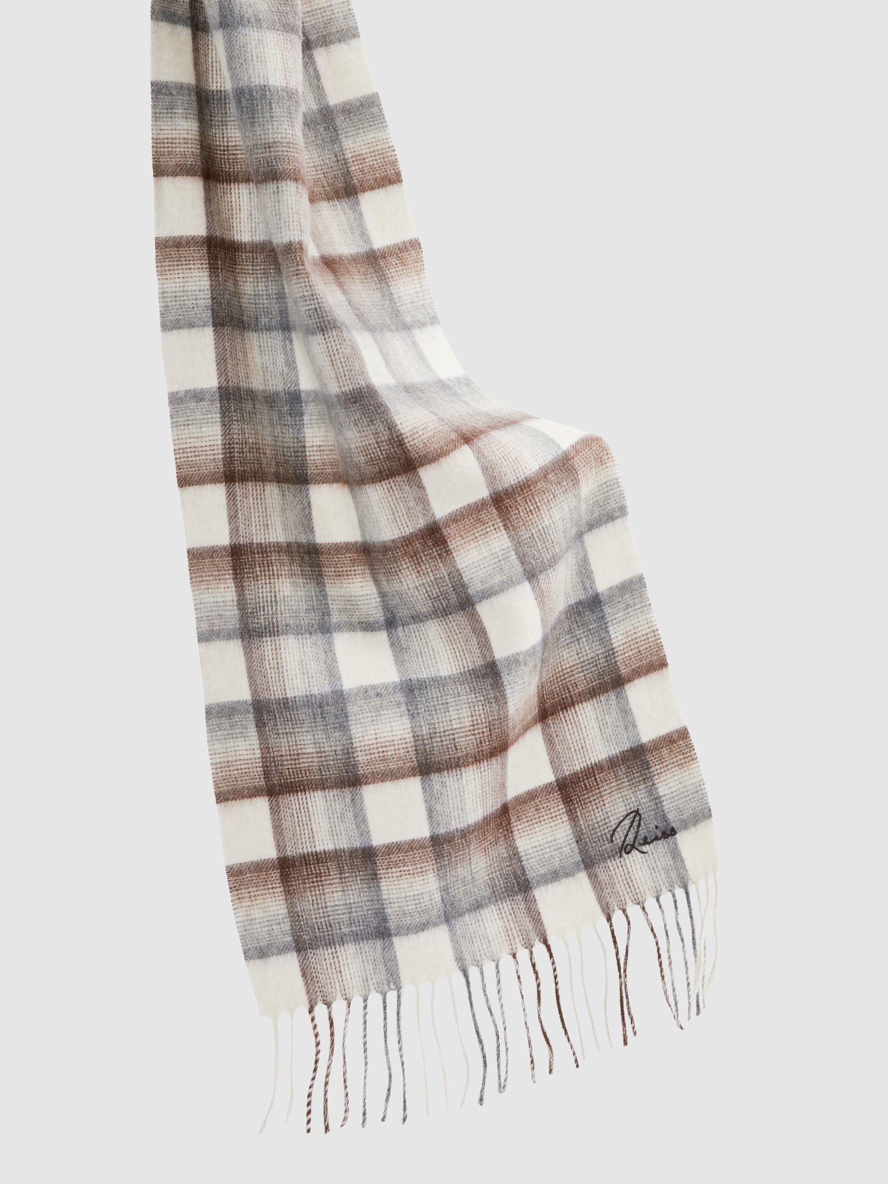 Wool and Cashmere Check Scarf in Brown/Oatmeal/Grey - Image 5 of 5