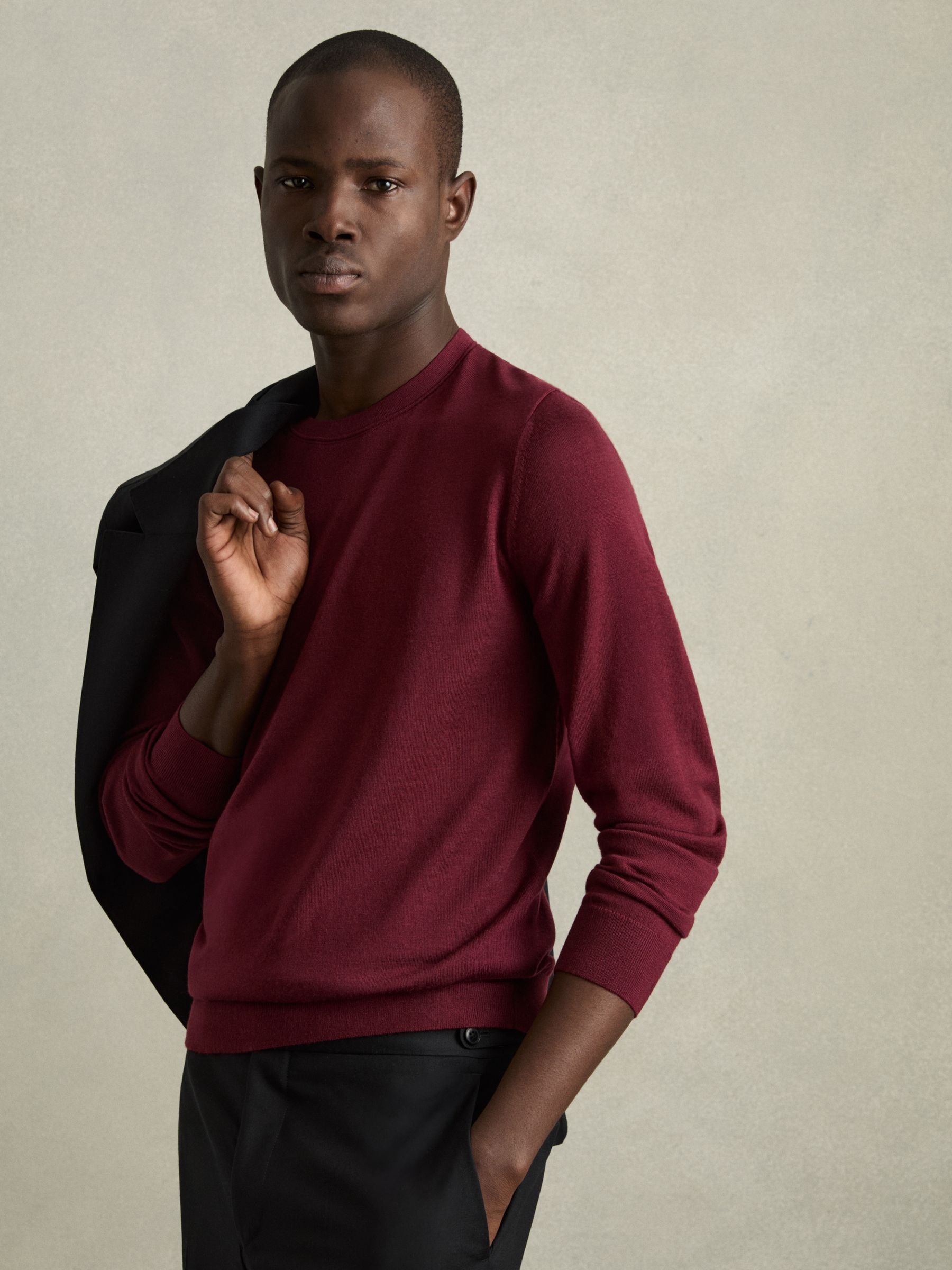 Merino Wool Crew Neck Jumper in Claret Red - Image 1 of 6 Merino Wool Crew Neck Jumper in Claret Red - Image 1 of 6