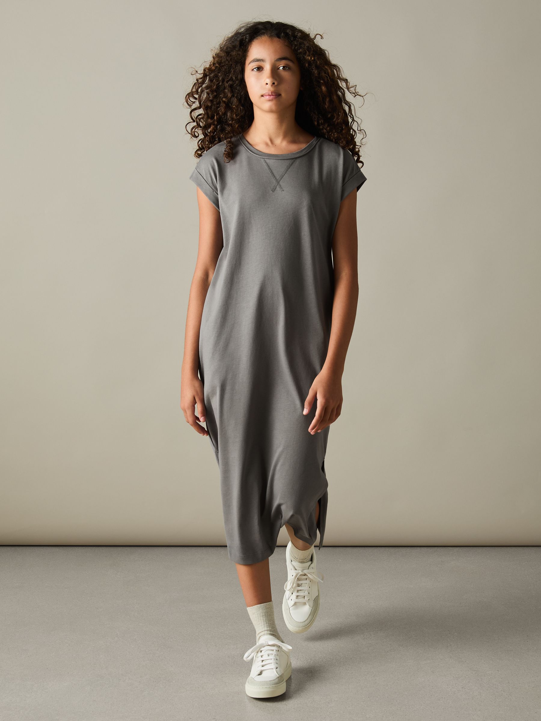 9-13 yrs Cotton-Jersey Cap-Sleeve Dress in Grey - Image 3 of 4