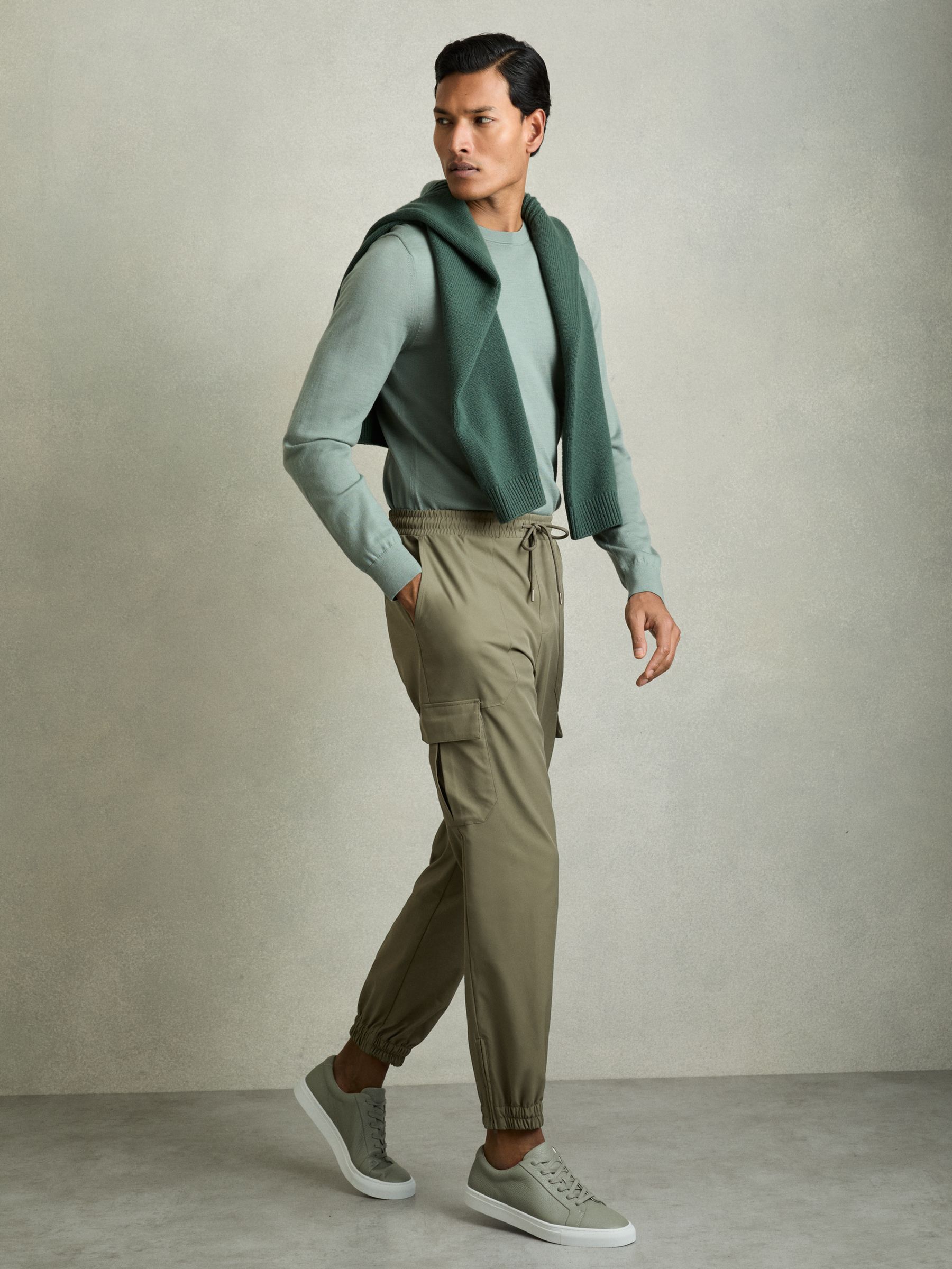 Technical Cargo Drawstring Trousers in Olive - Image 1 of 7