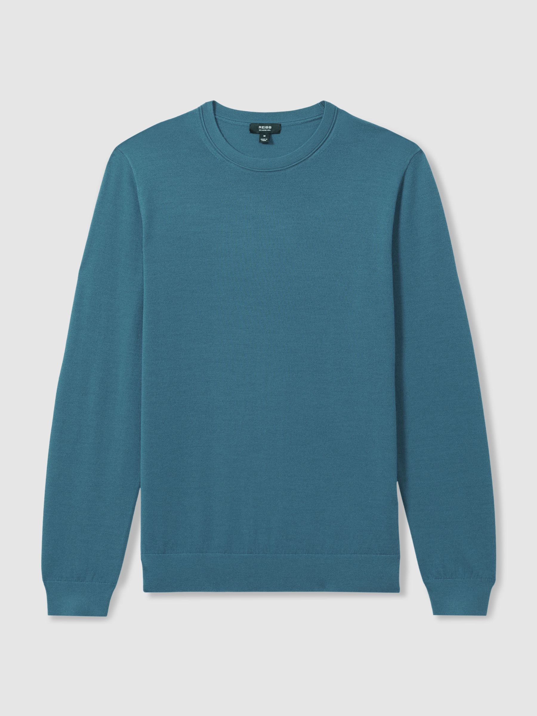 Merino Wool Crew Neck Jumper in Deep Teal Blue - Image 2 of 6