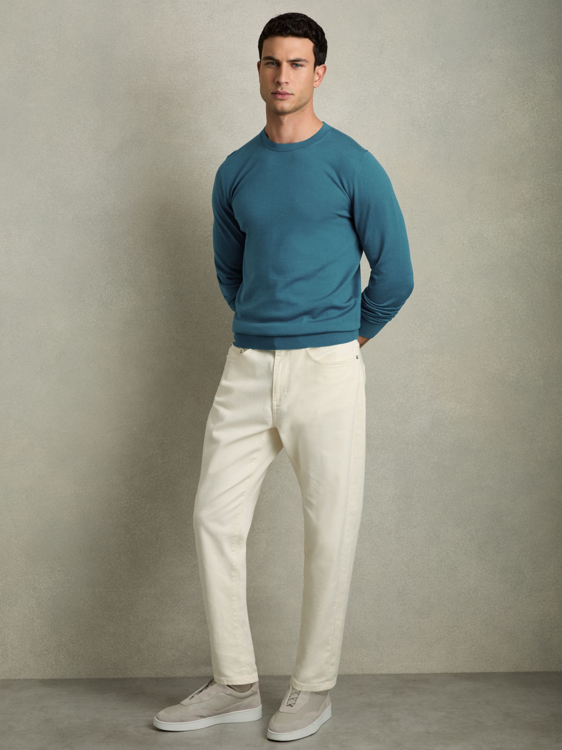 Merino Wool Crew Neck Jumper in Deep Teal Blue - Image 3 of 6