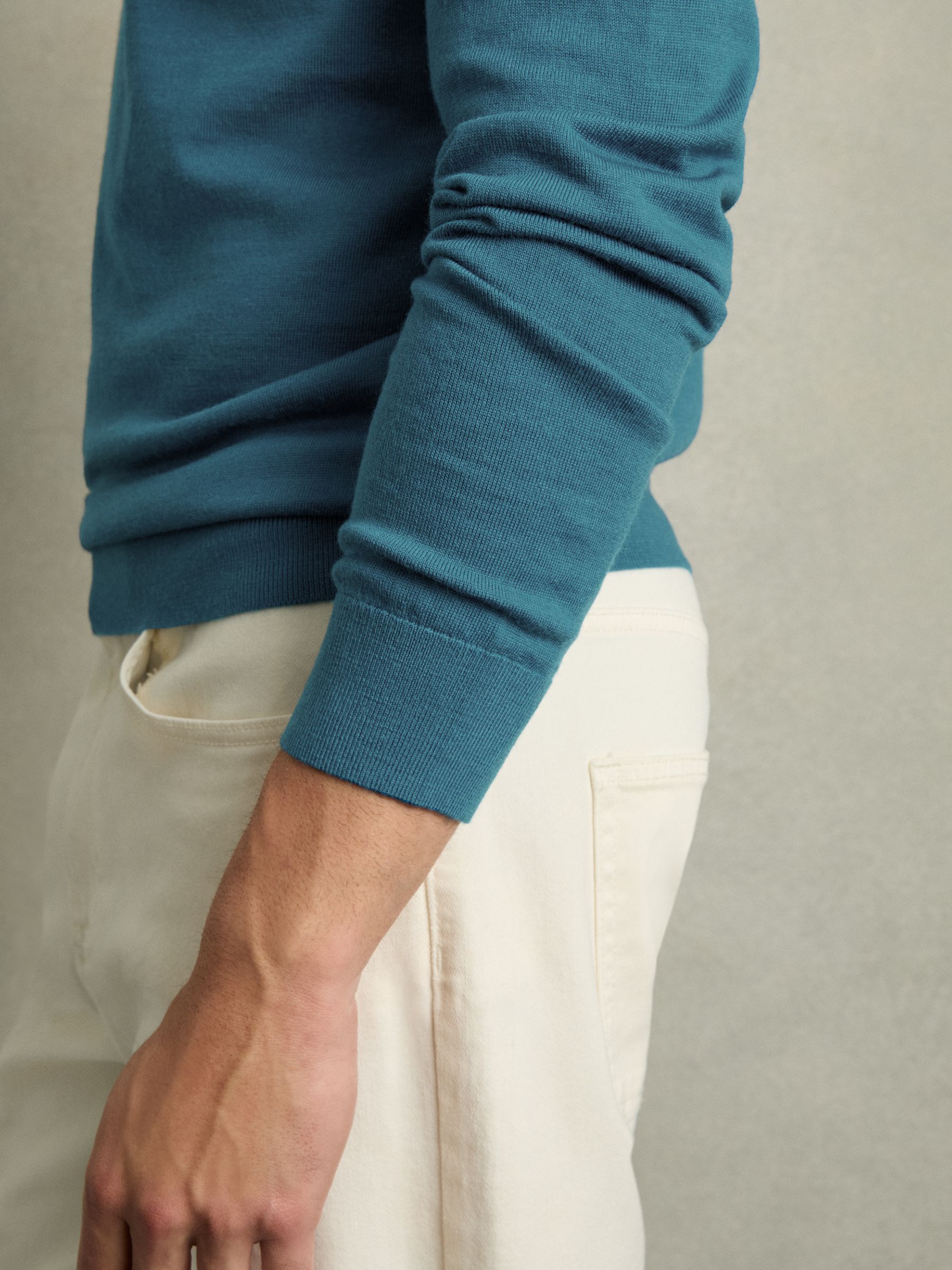 Merino Wool Crew Neck Jumper in Deep Teal Blue - Image 4 of 6