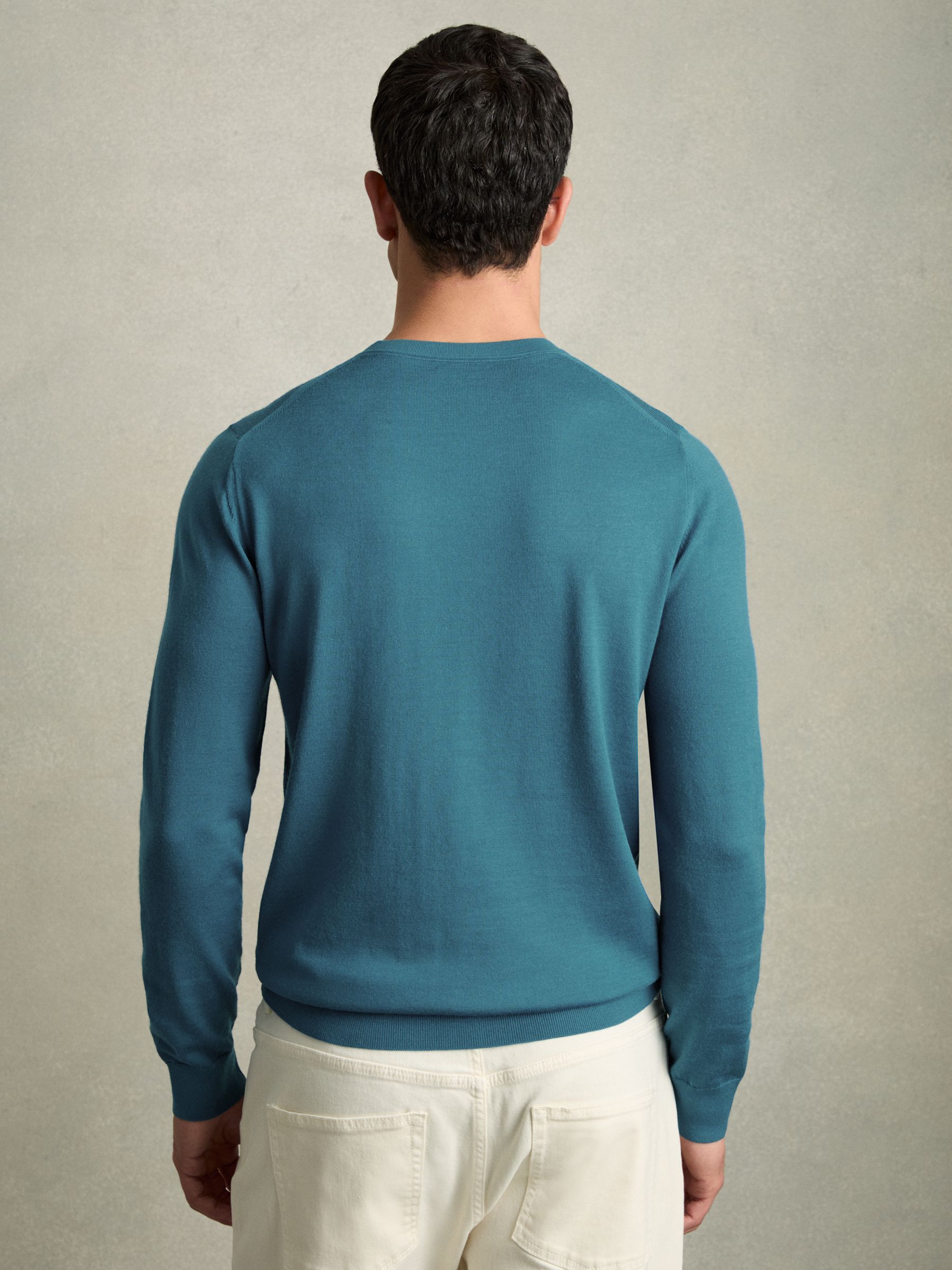 Merino Wool Crew Neck Jumper in Deep Teal Blue - Image 5 of 6