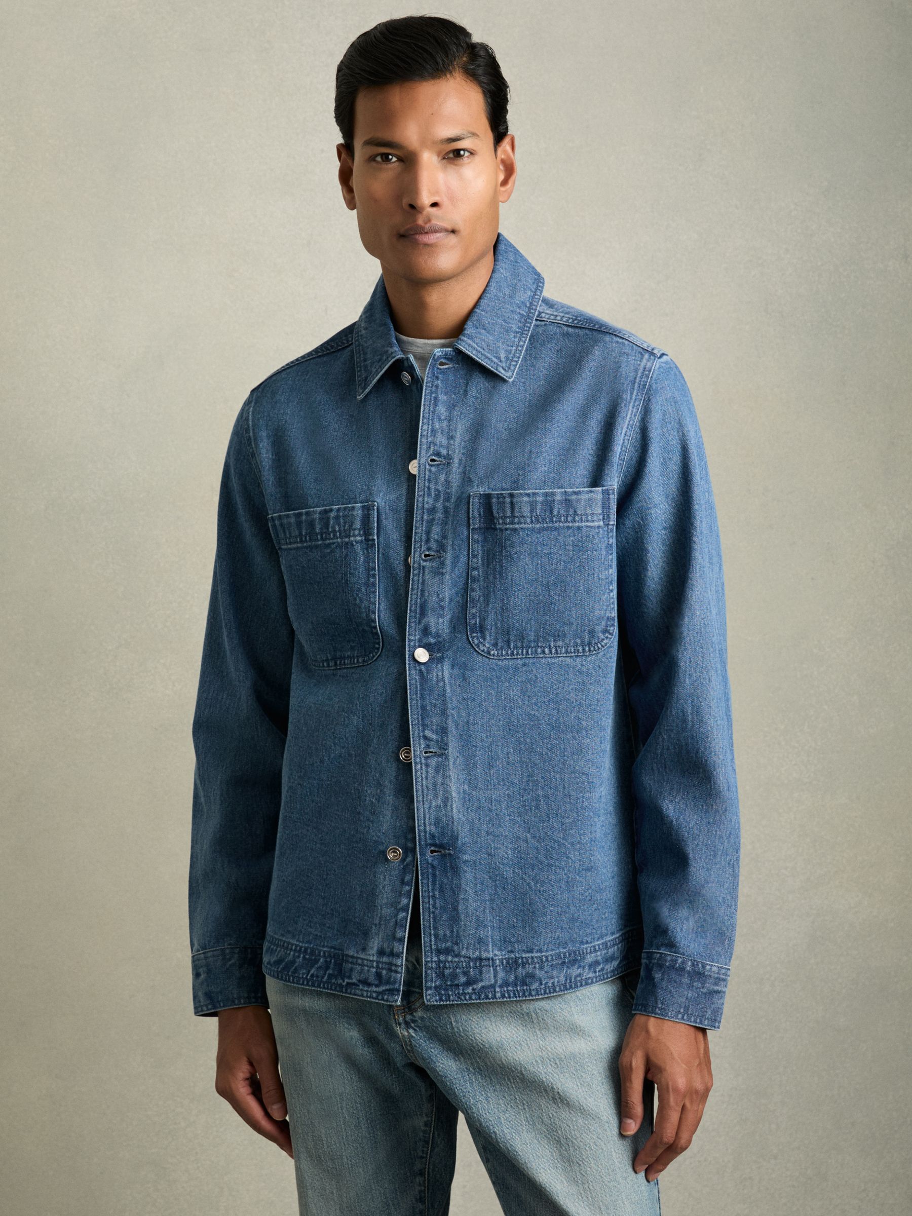 Cotton-Denim Button-Through Overshirt in Light Blue Wash - Image 1 of 7