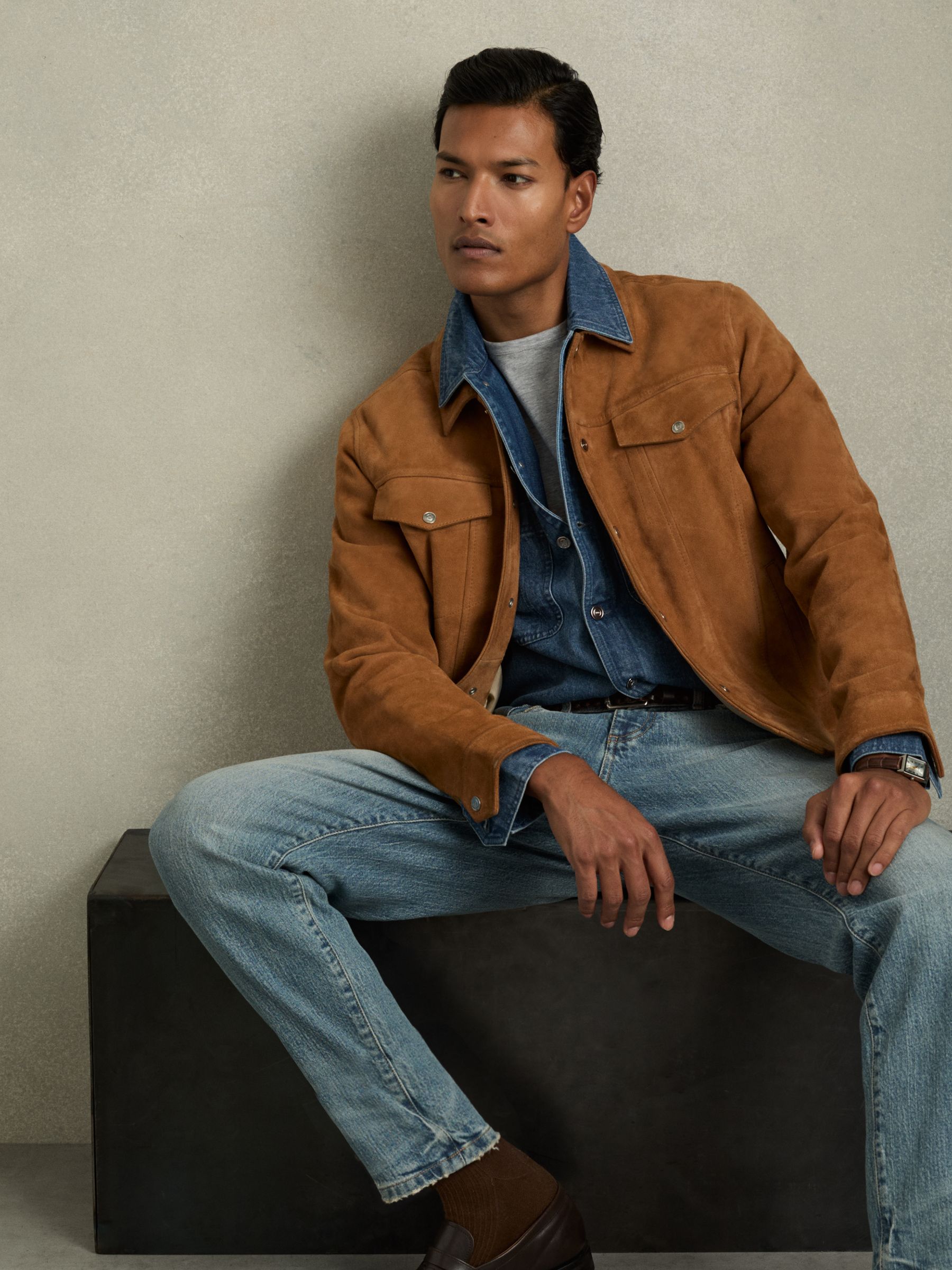 Reiss Cotton-Denim Button-Through Overshirt in Light Blue Wash | REISS