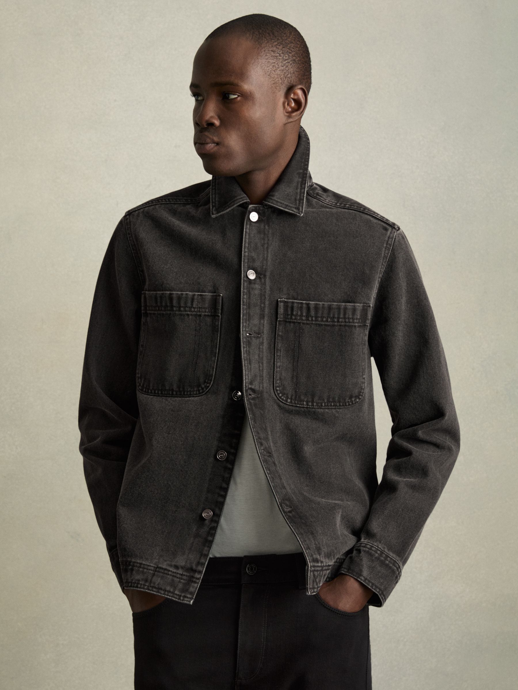 Cotton-Denim Button-Through Overshirt in Washed Black - Image 4 of 6