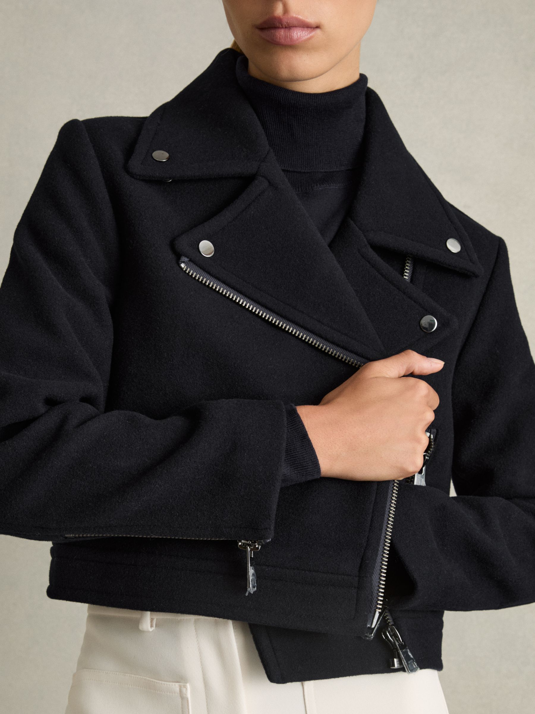 Wool-Blend Biker Jacket in Navy - Image 3 of 6
