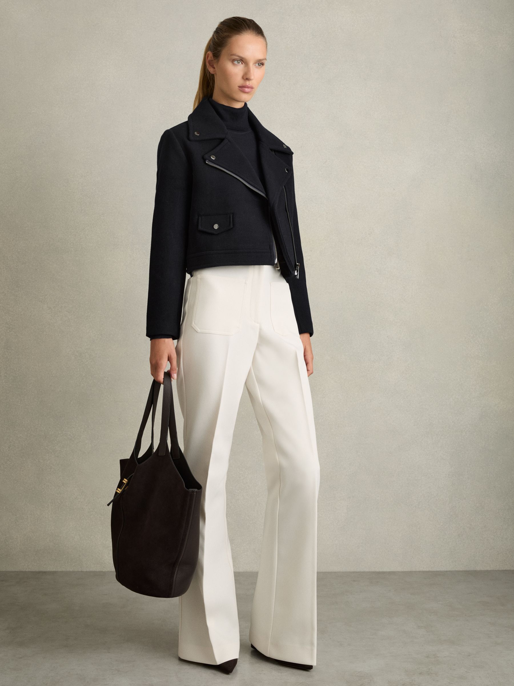 Wool-Blend Biker Jacket in Navy - Image 4 of 6
