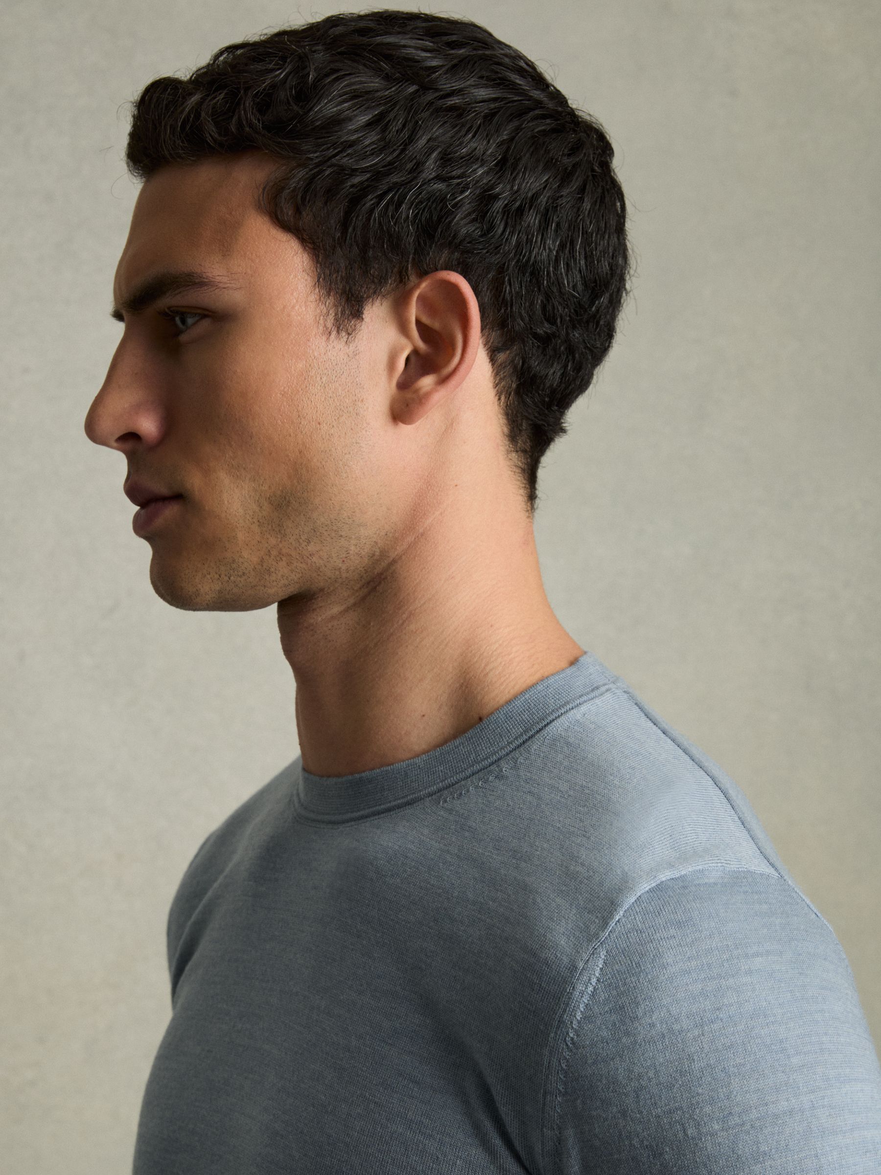 Merino Wool Crew Neck Jumper in Soft Blue Melange - Image 6 of 7