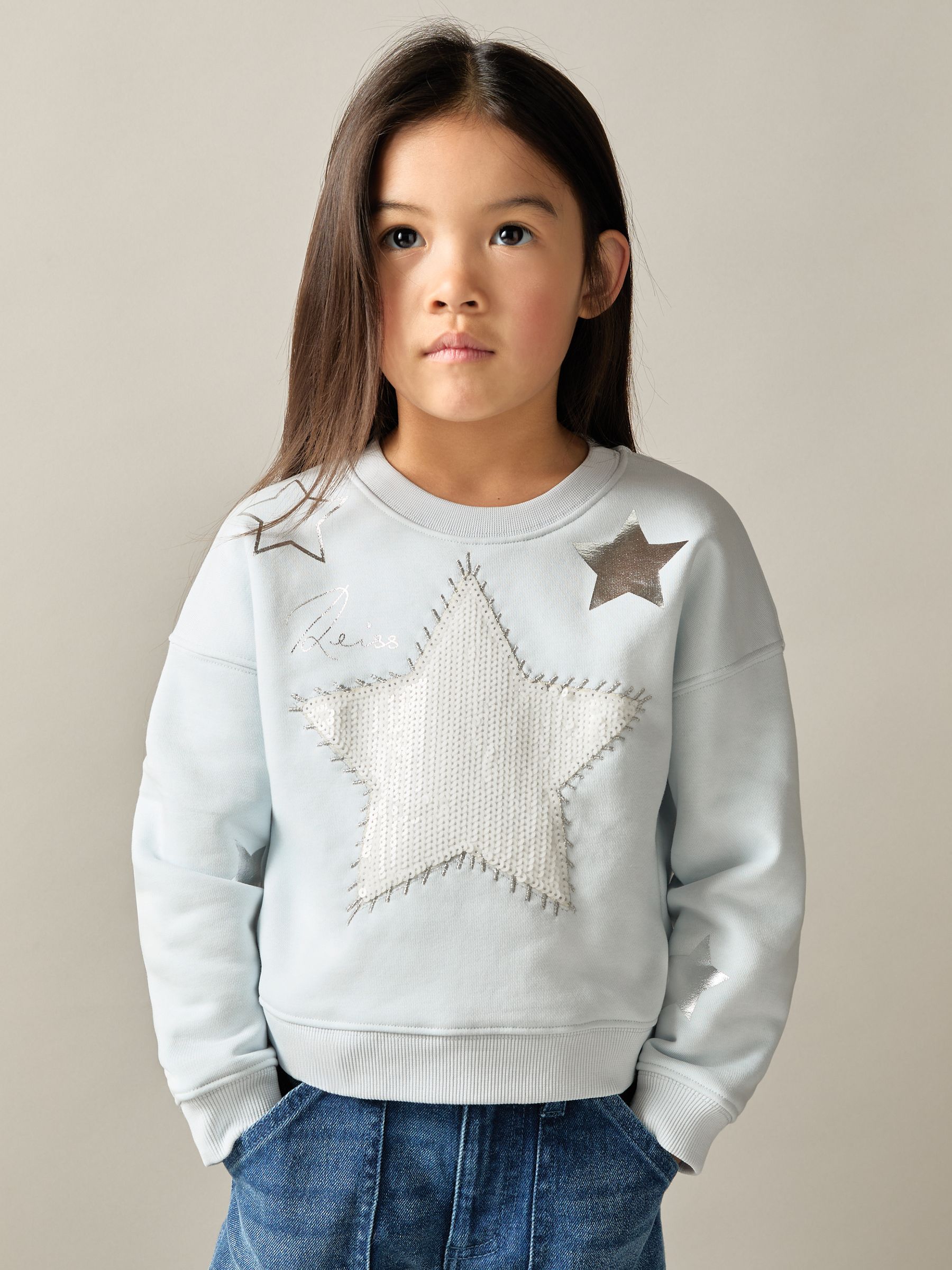 13-14 yrs Cotton-Blend Sequin-Star Logo Sweatshirt in Blue - Image 2 of 4