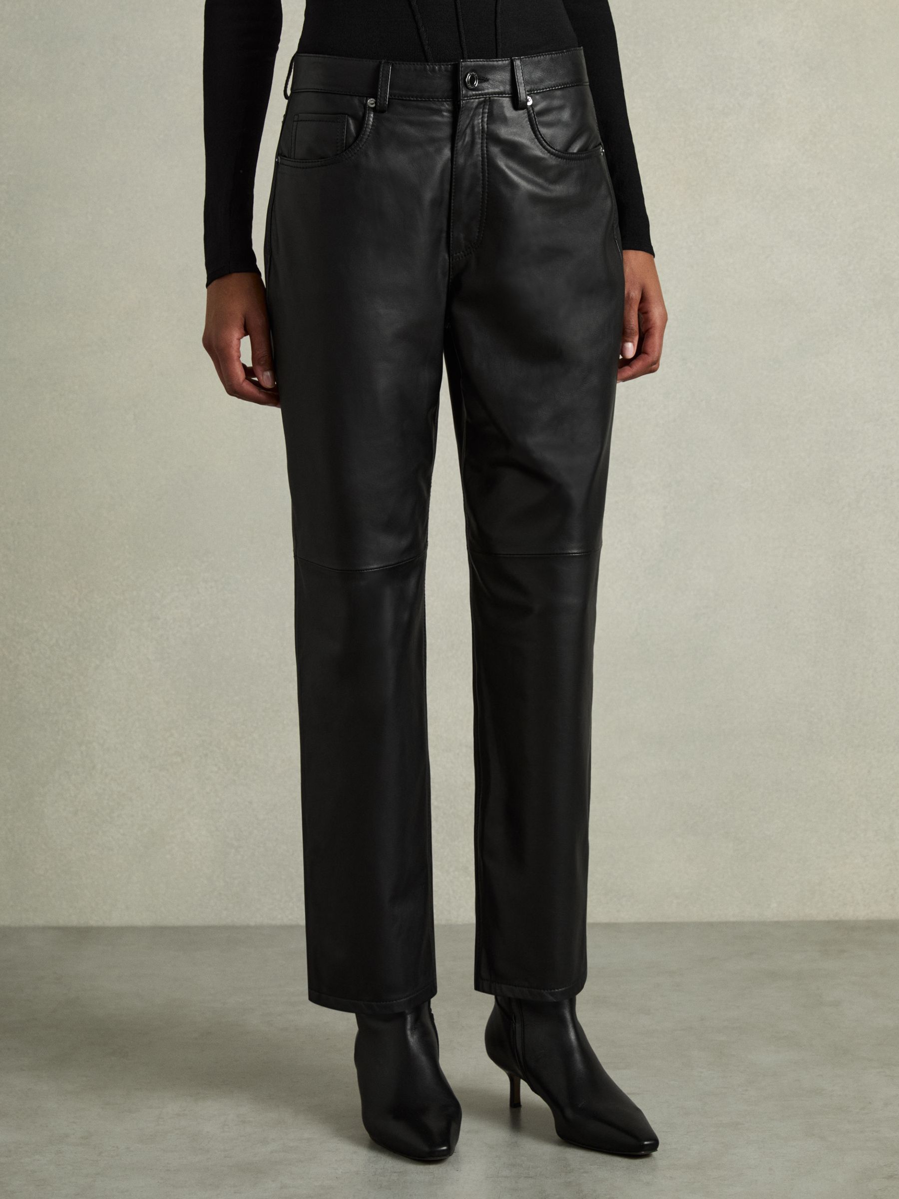 Leather Slim-Leg Trousers in Black - image 3