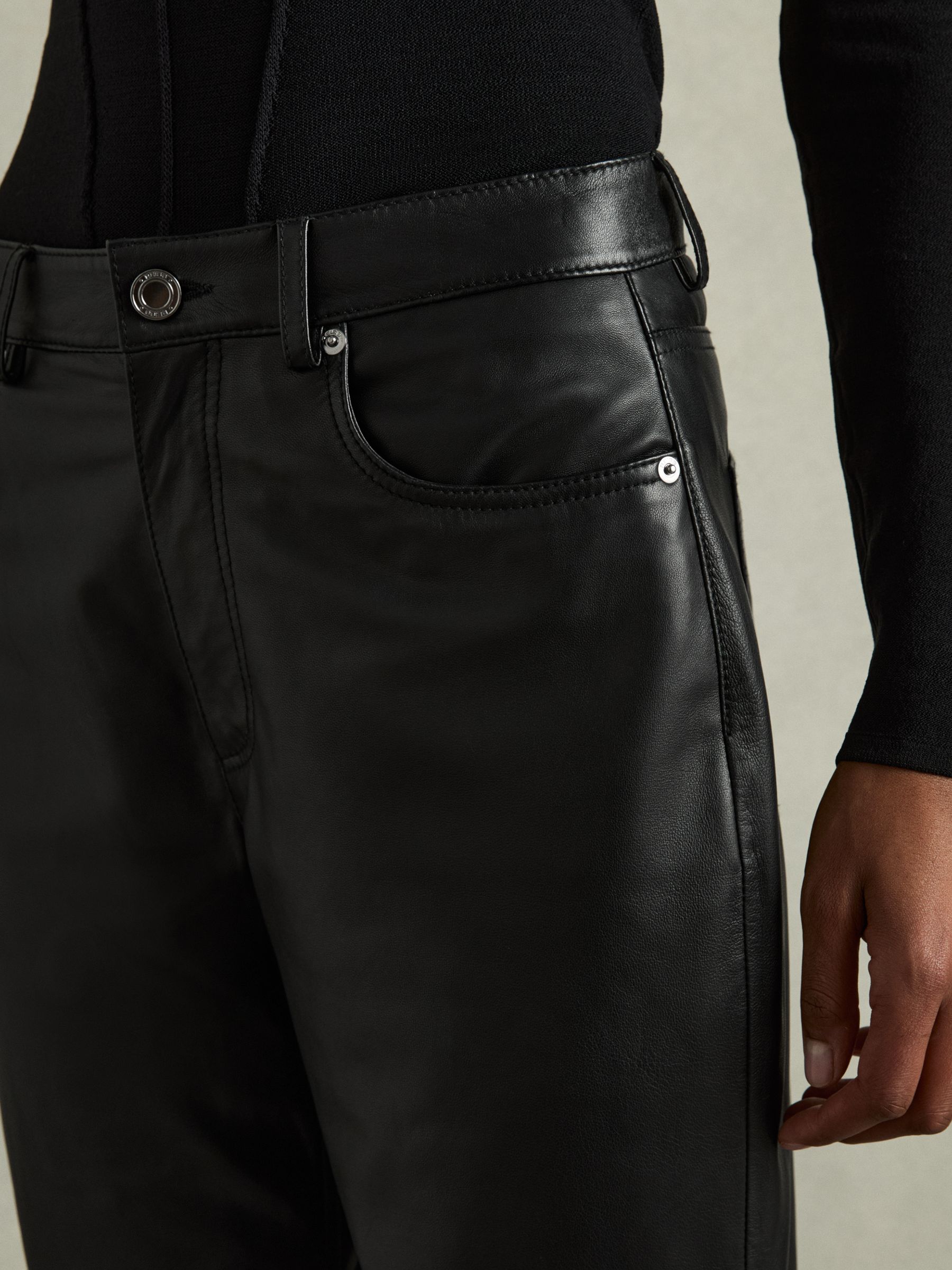 Leather Slim-Leg Trousers in Black - image 4