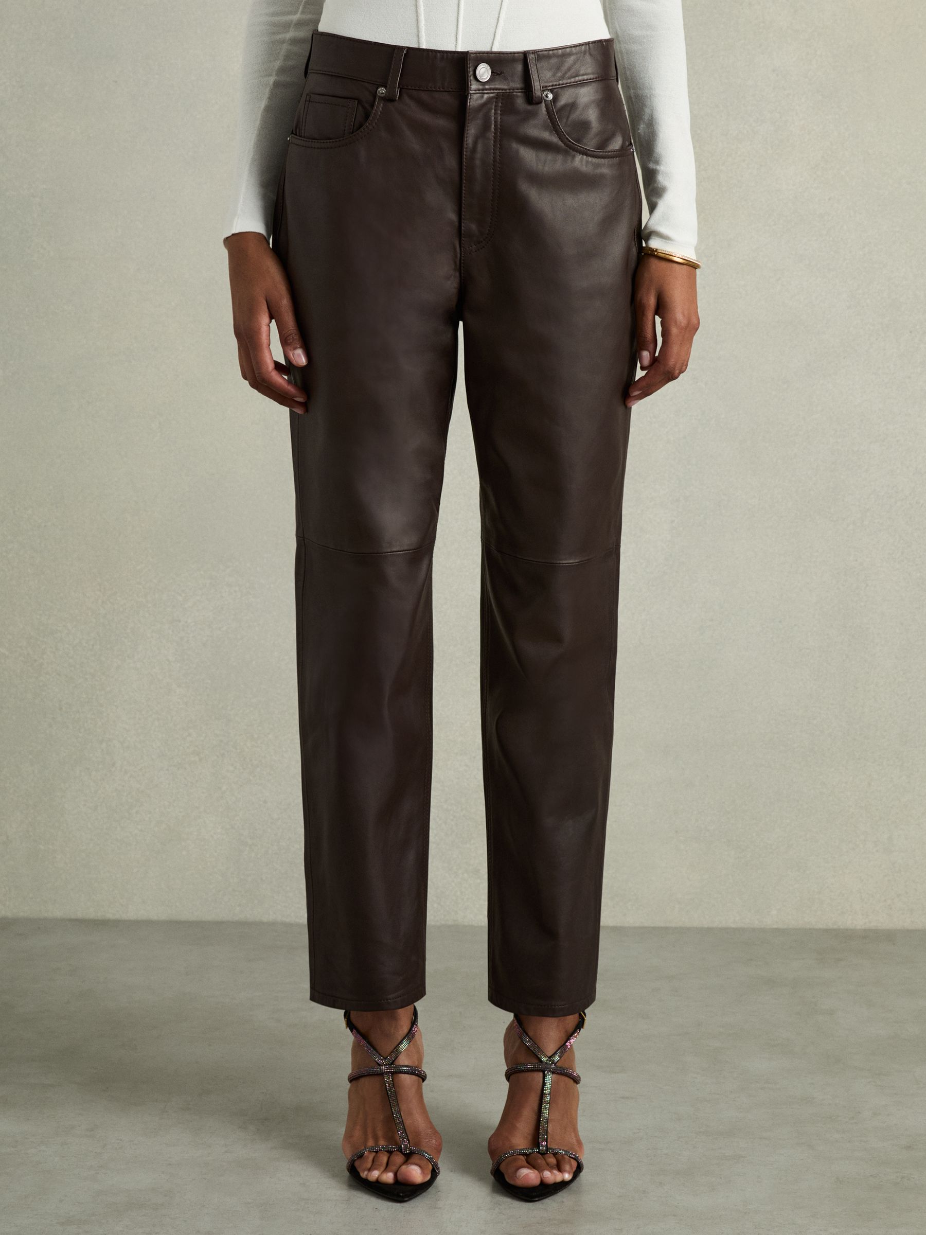 Leather Slim-Leg Trousers in Chocolate - Image 3 of 6