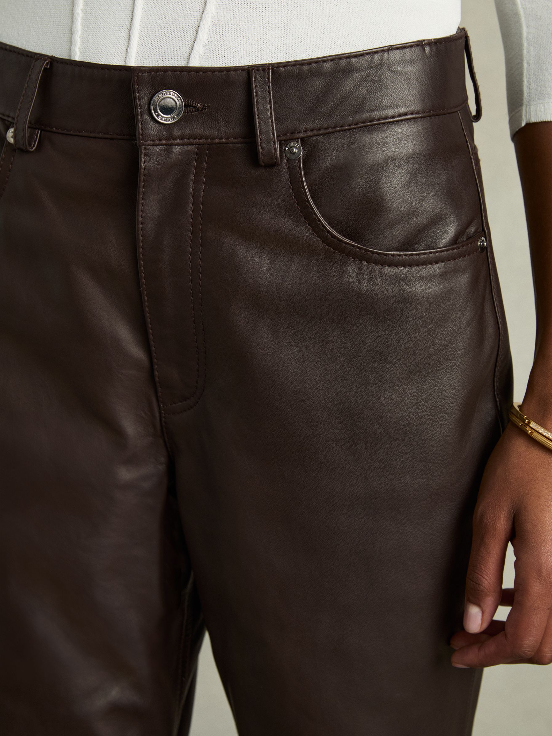 Leather Slim-Leg Trousers in Chocolate - Image 4 of 6
