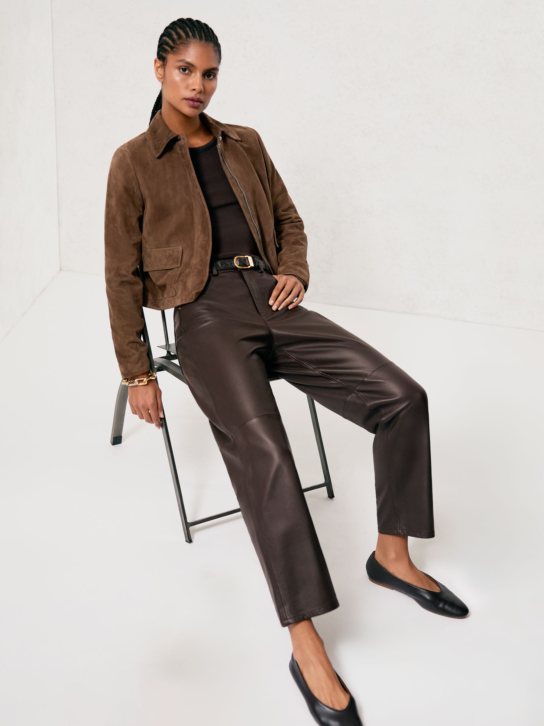 Leather Slim-Leg Trousers in Chocolate - image 4
