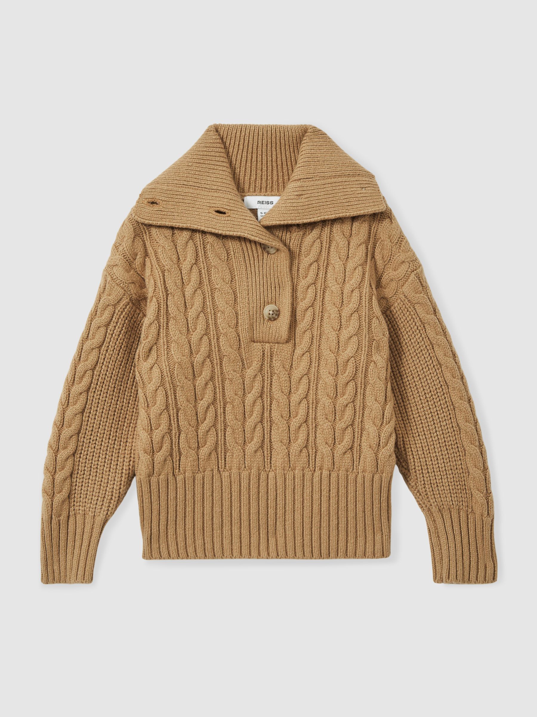 9-13 yrs Cotton-Blend Open-Collar Cable-Knit Jumper With Wool in Camel - Image 2 of 4
