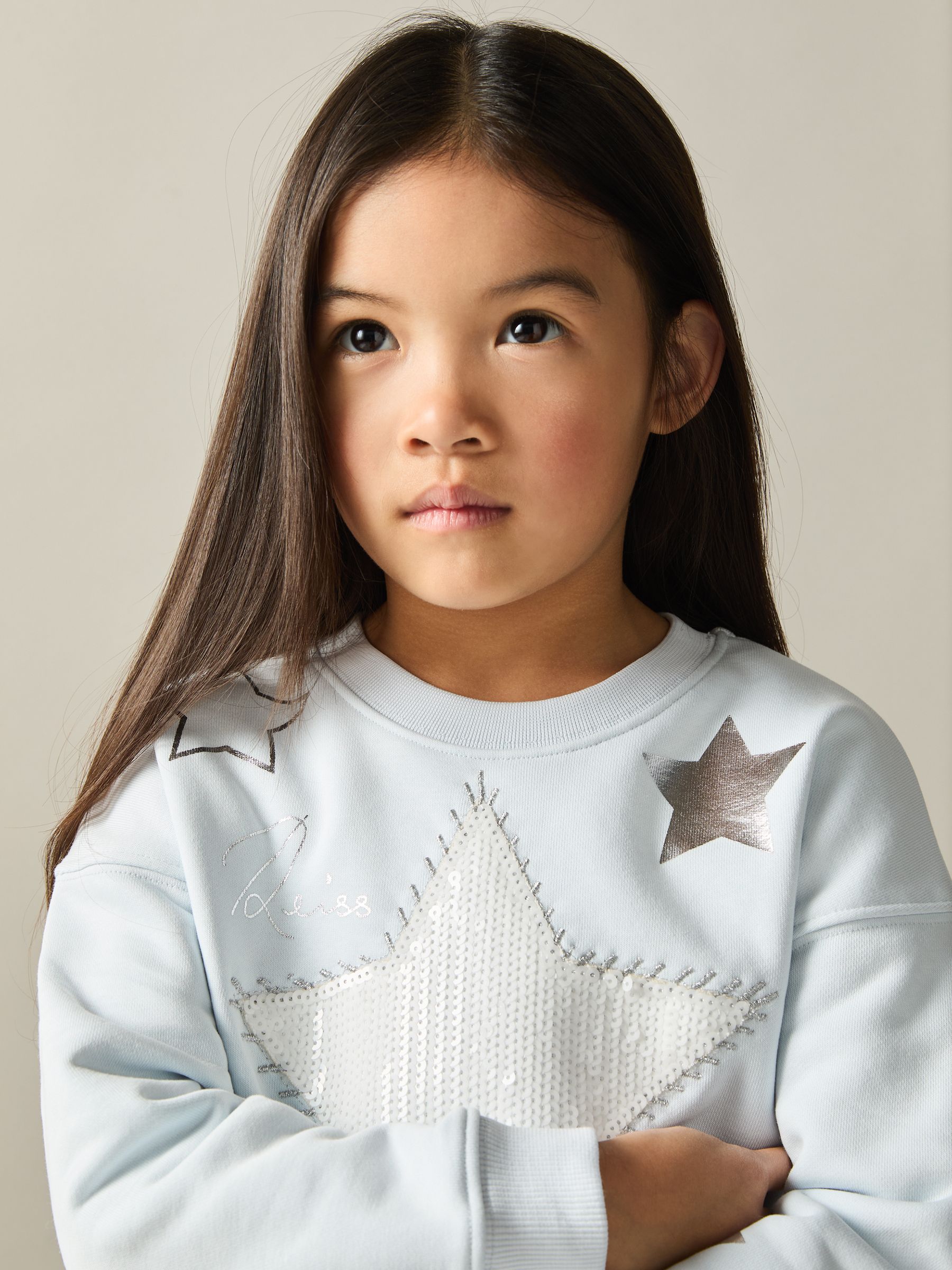 4-9 yrs Cotton-Blend Sequin-Star Logo Sweatshirt in Blue - Image 1 of 4