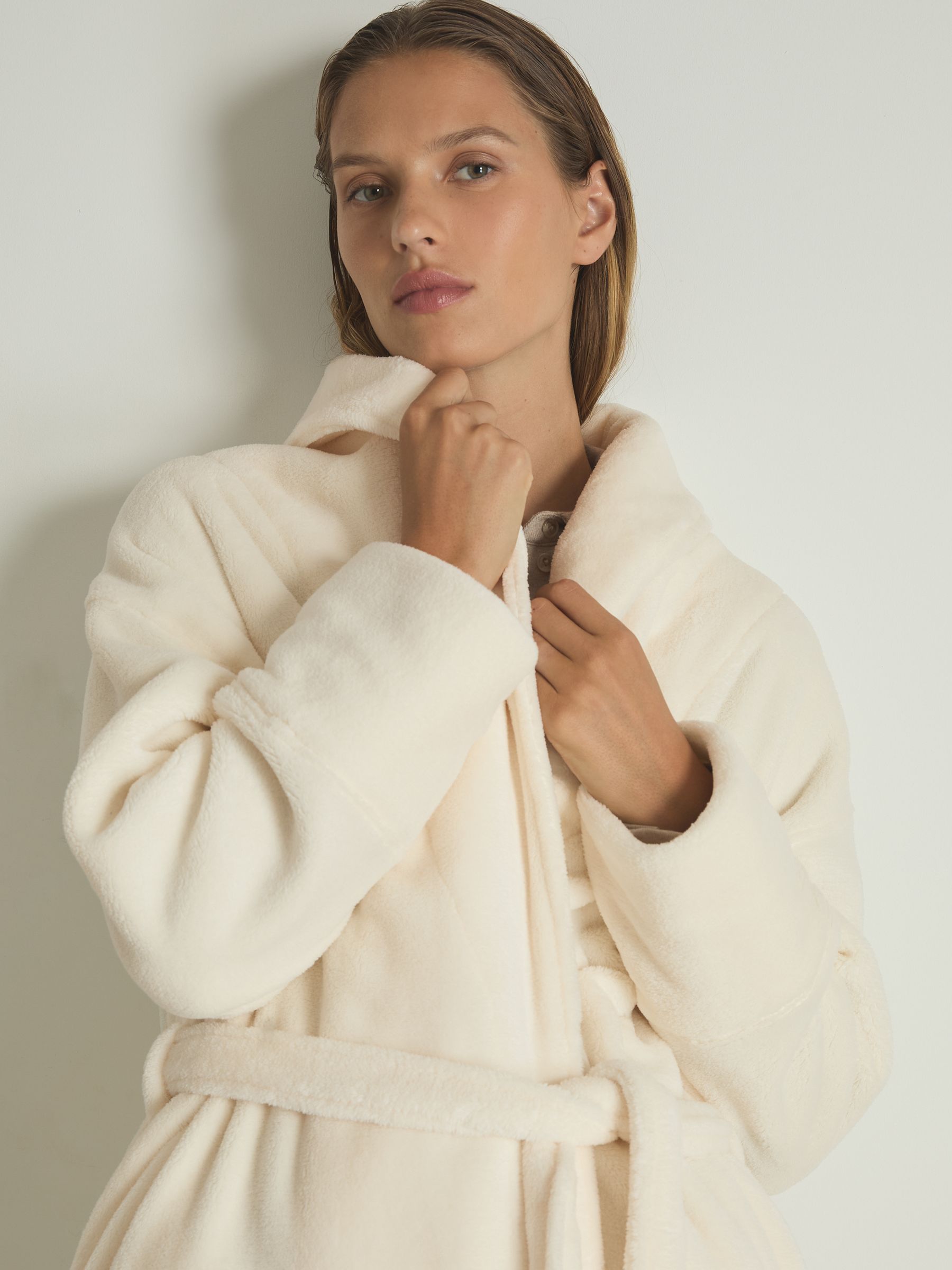 Fleece Dressing Gown in Ivory - Image 3 of 6