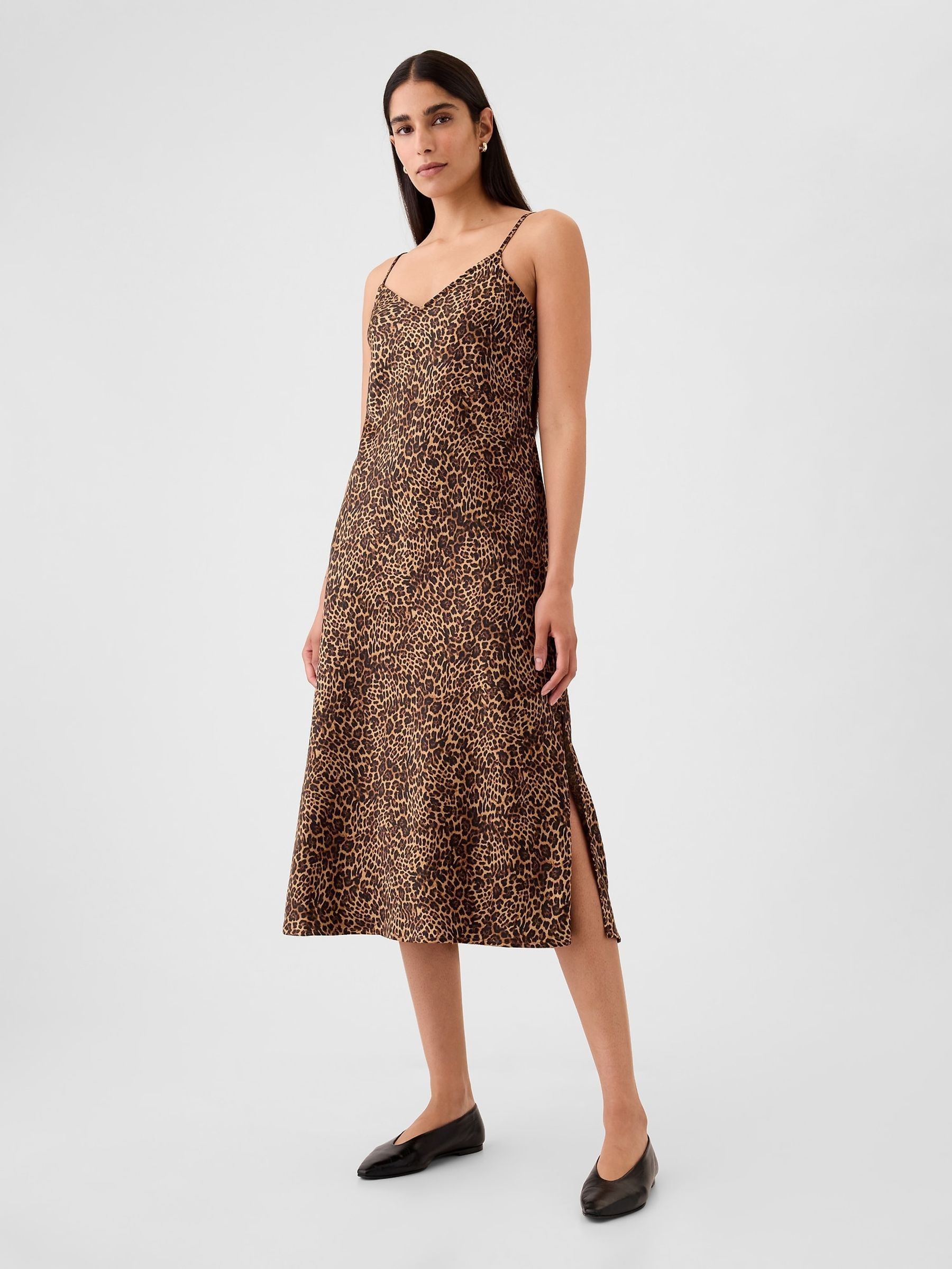 Brown Satin Leopard Print Midi Dress - Image 2 of 5