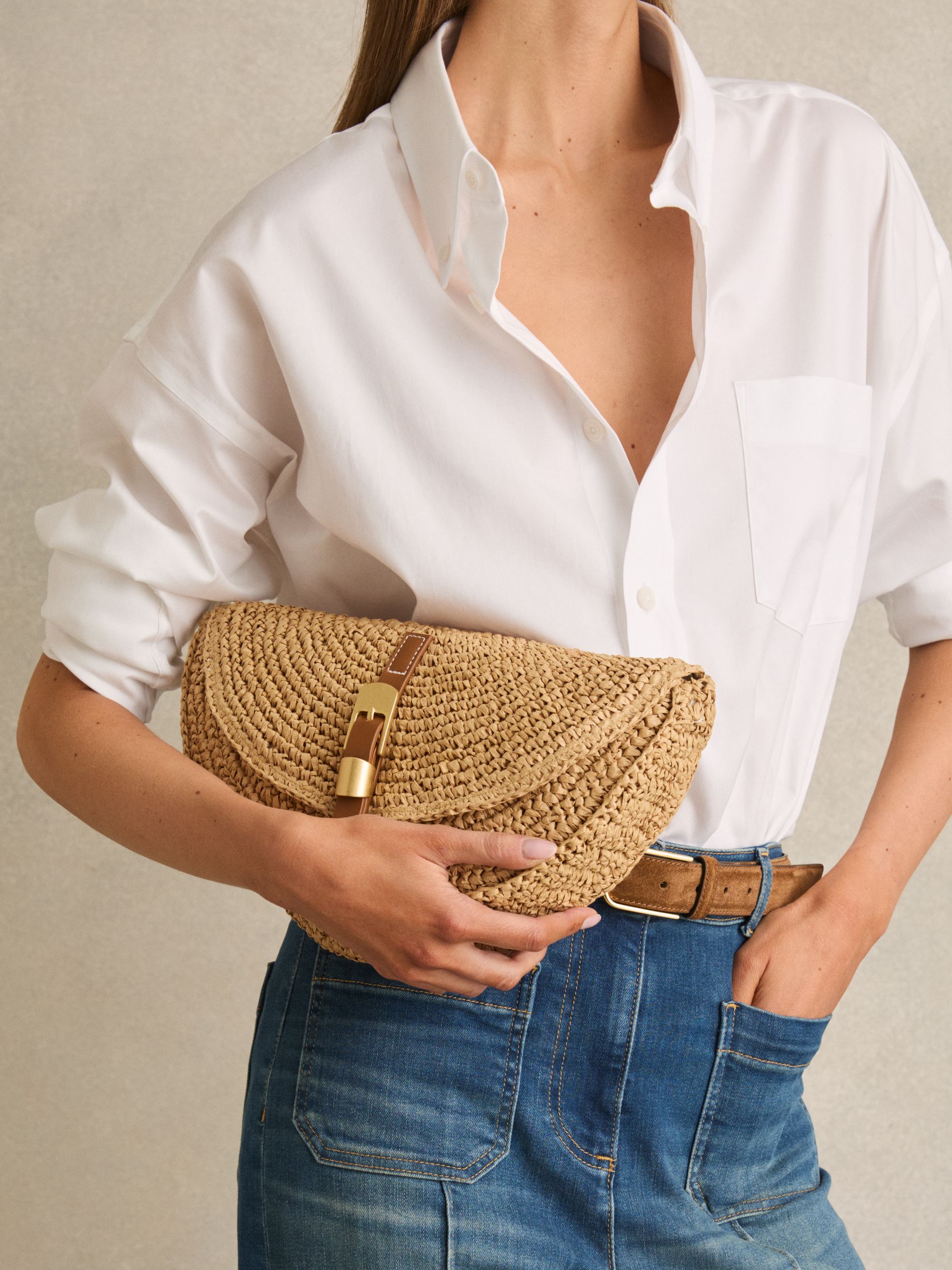 Raffia Half-Moon Clutch Bag in Natural - Image 2 of 5