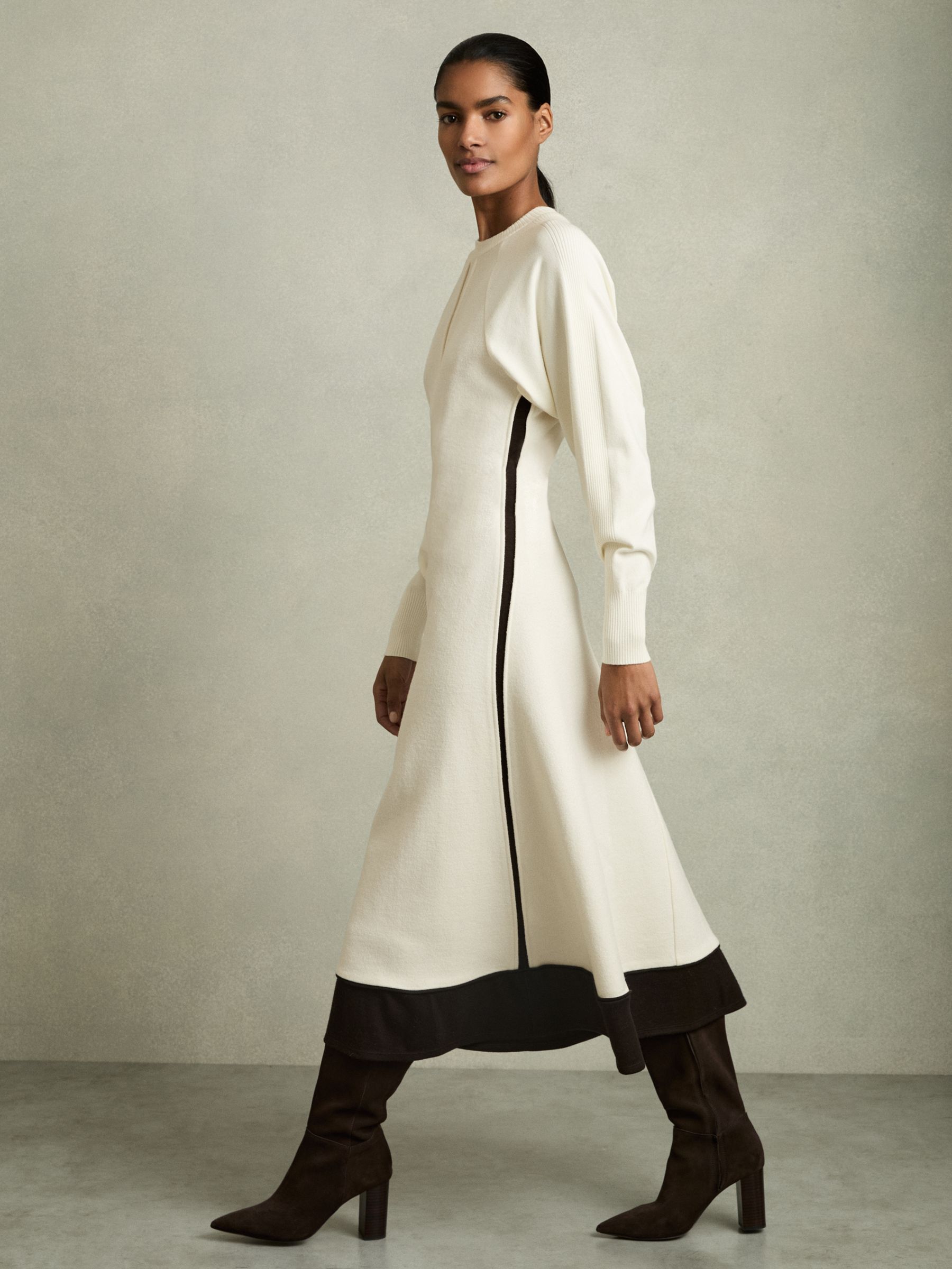 Wool-Blend Hybrid Knitted Midi Dress in Ivory - Image 1 of 6