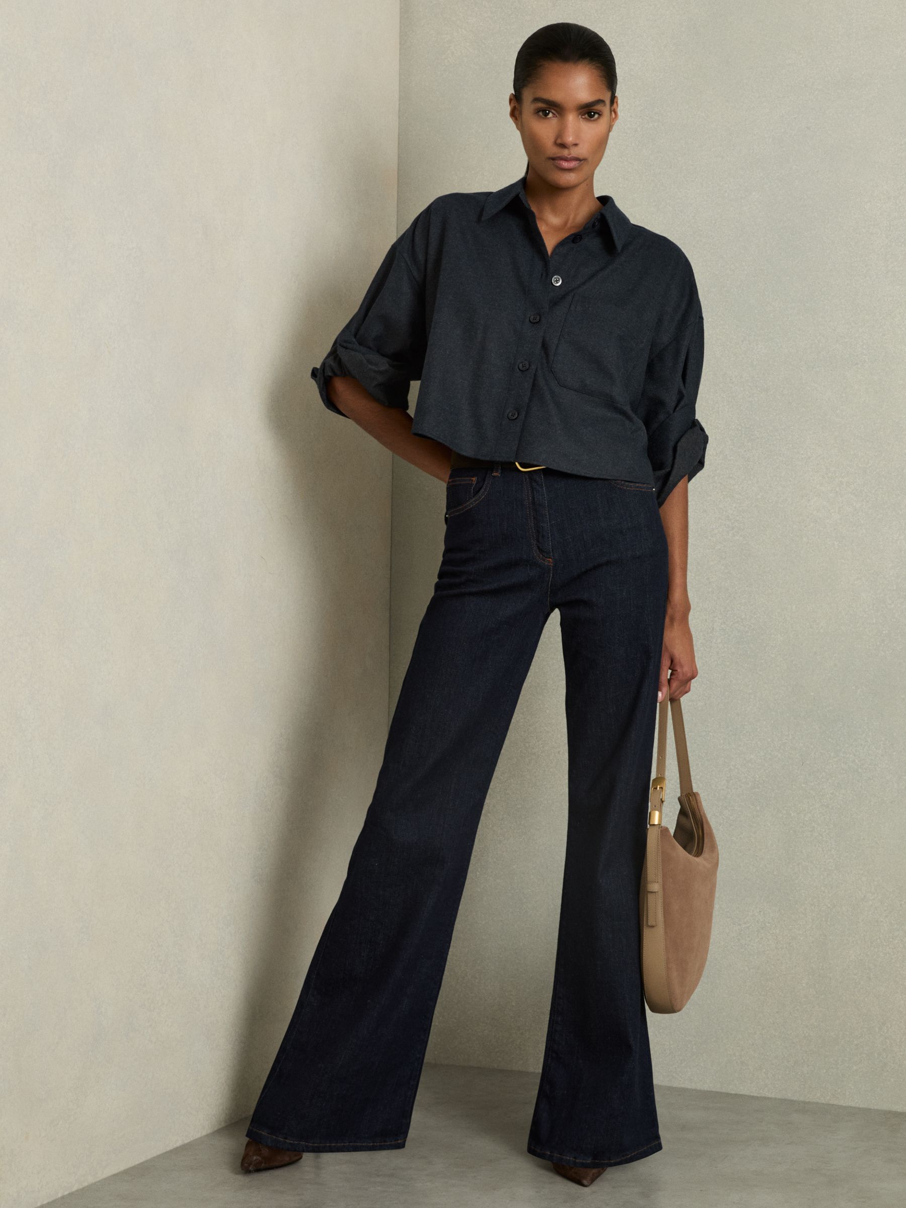 Cropped Flannel Shirt in Navy - Image 3 of 7