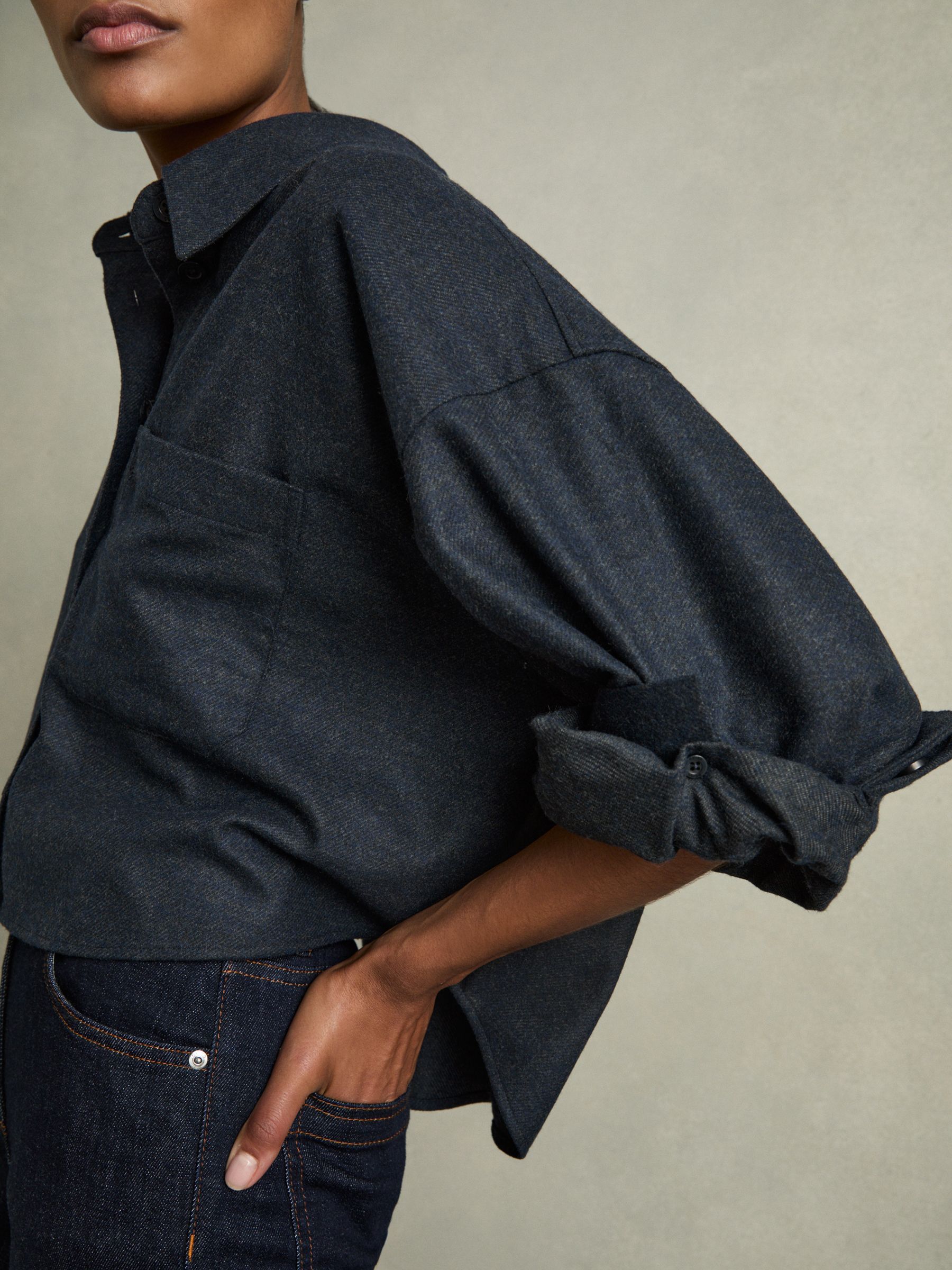 Cropped Flannel Shirt in Navy - Image 4 of 7