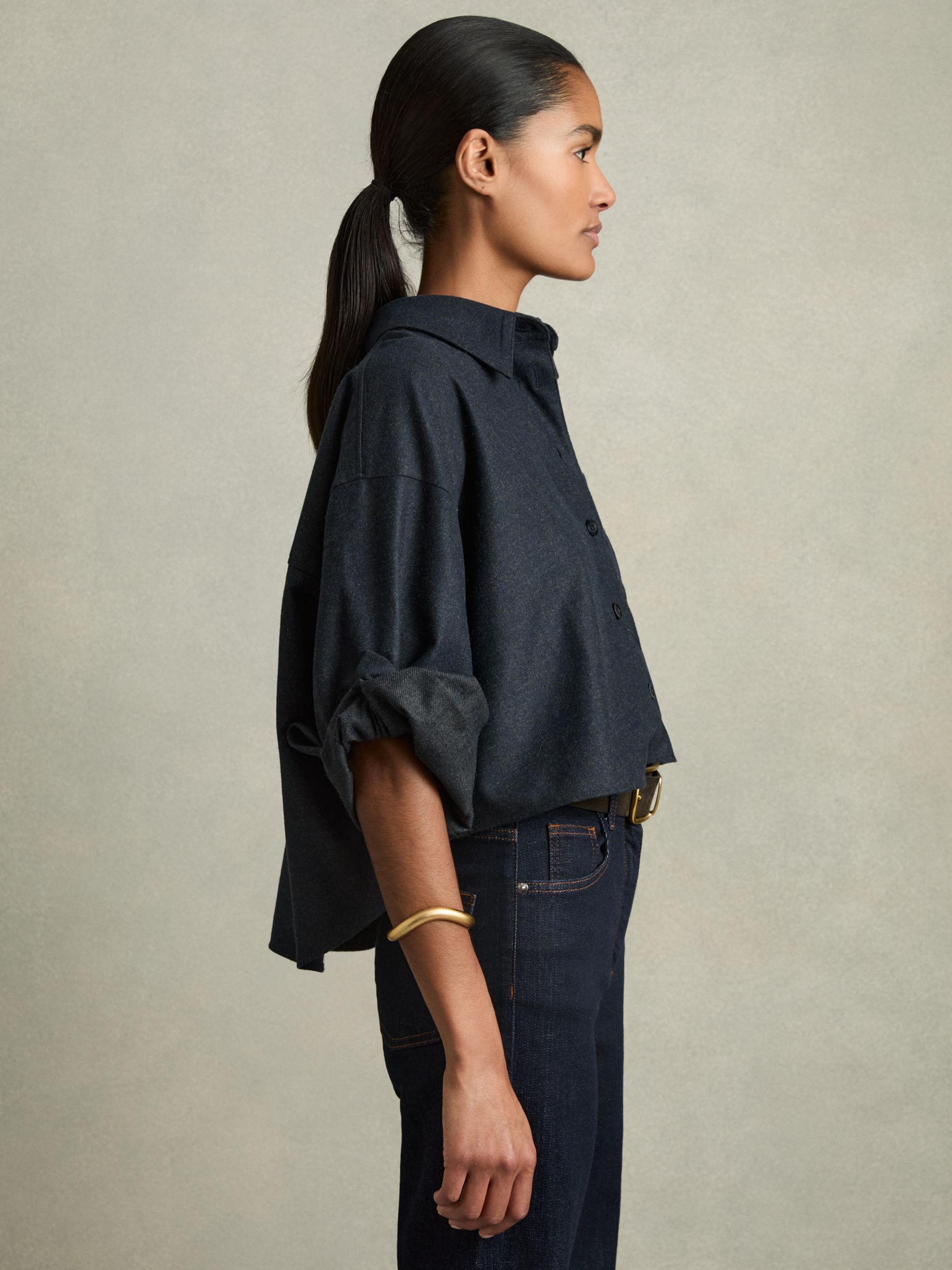 Cropped Flannel Shirt in Navy - Image 6 of 7