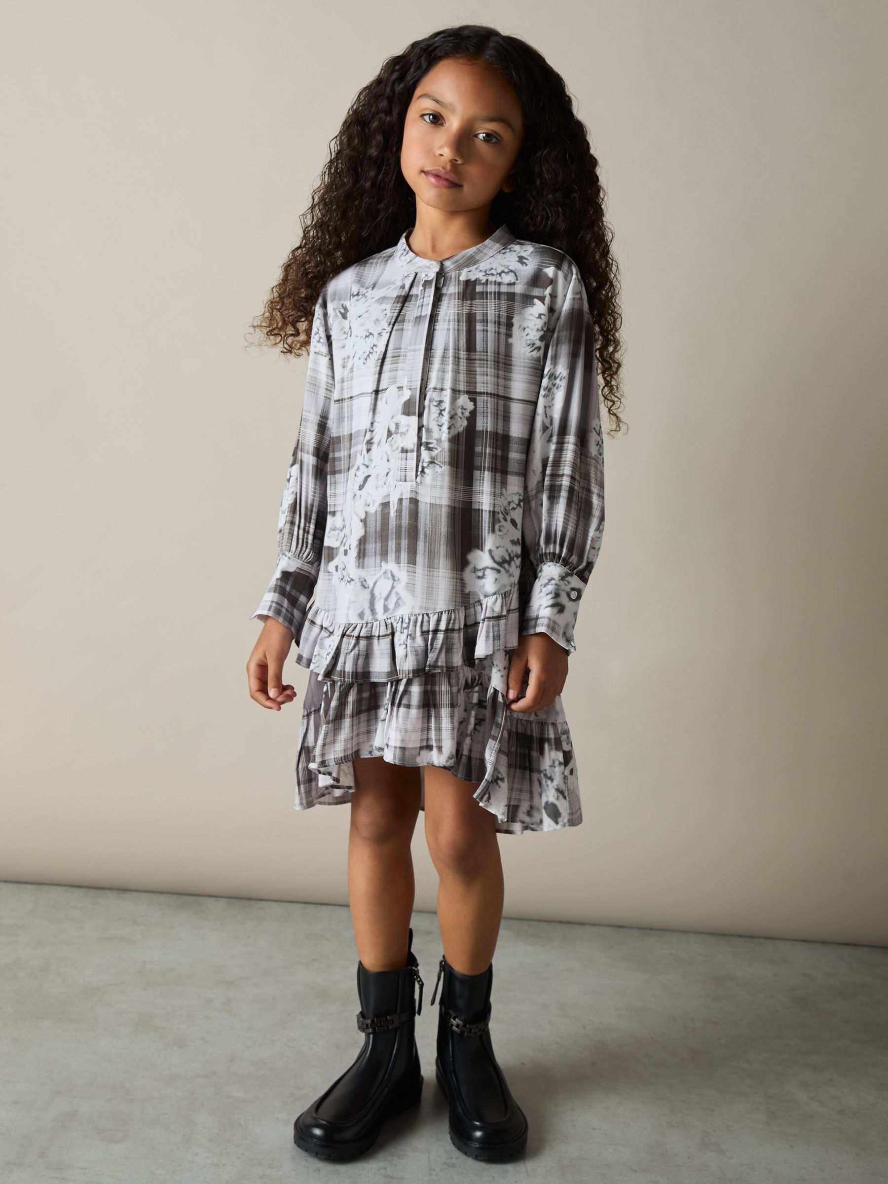 4-9 yrs Floral-Check Tiered-Frill Dress in Grey - Image 1 of 4