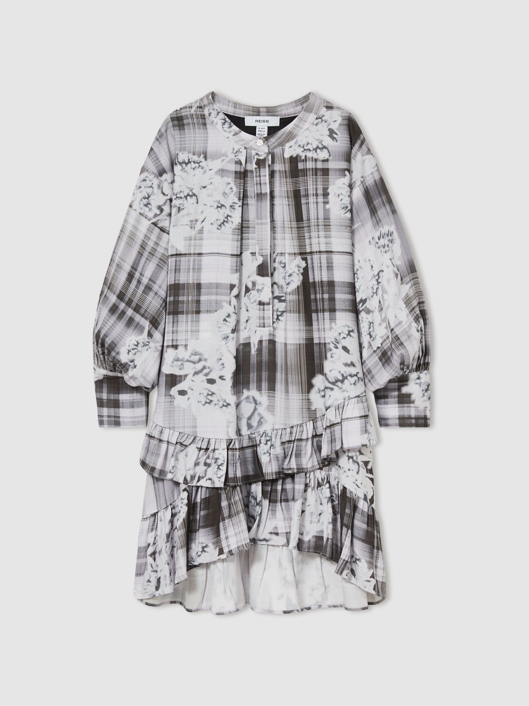4-9 yrs Floral-Check Tiered-Frill Dress in Grey - Image 2 of 4