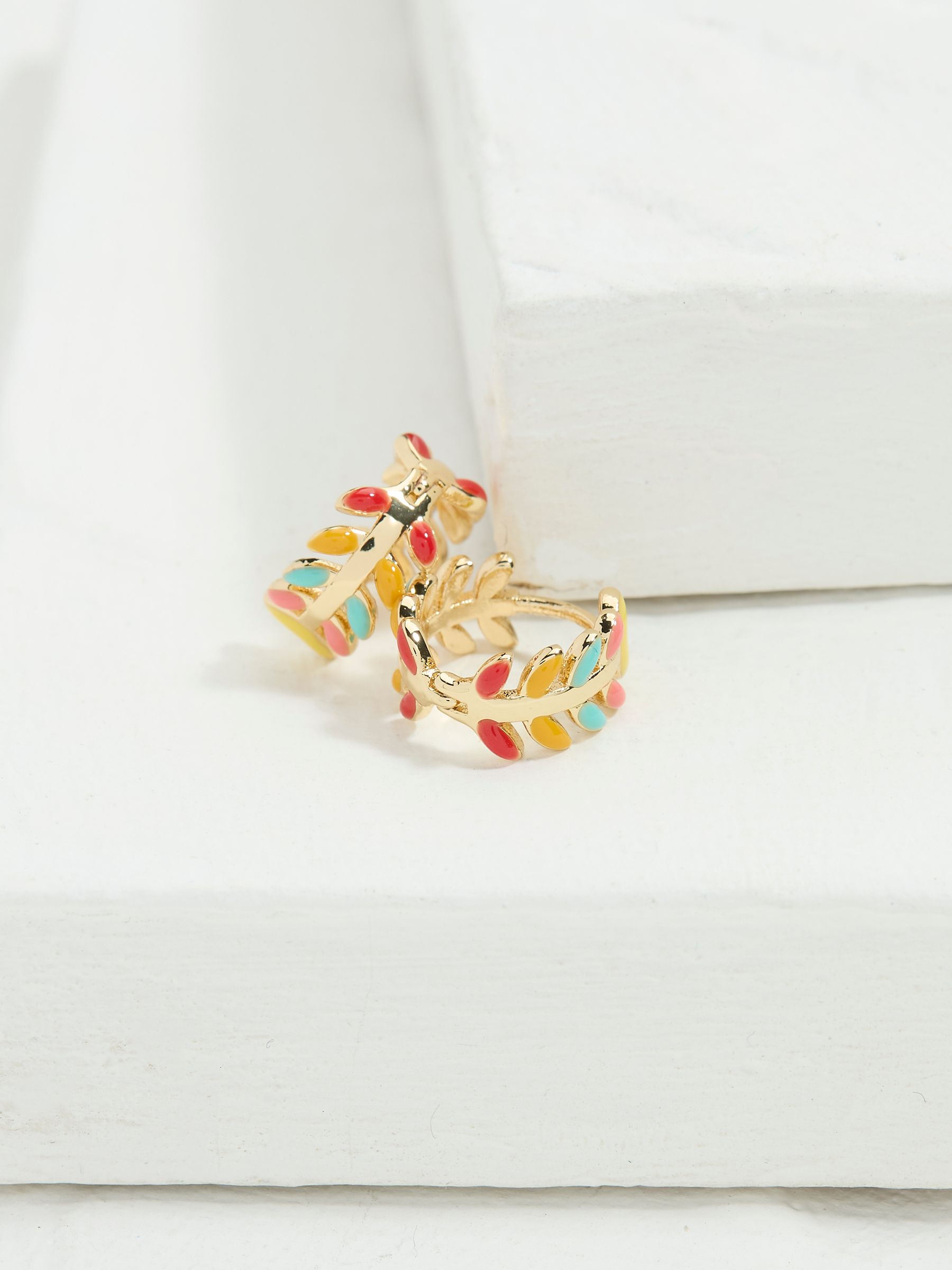 Multi Enamel Leaf Huggie Hoop Earrings - Image 1 of 2