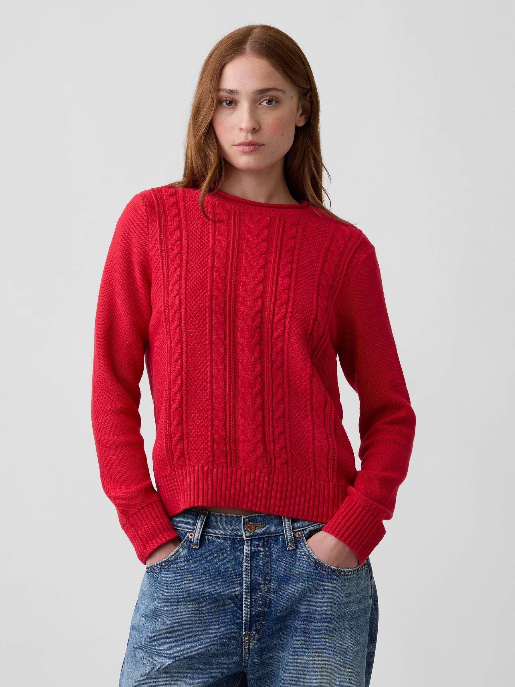 Red Rolled Neck Cable-Knit Jumper - Image 1 of 4