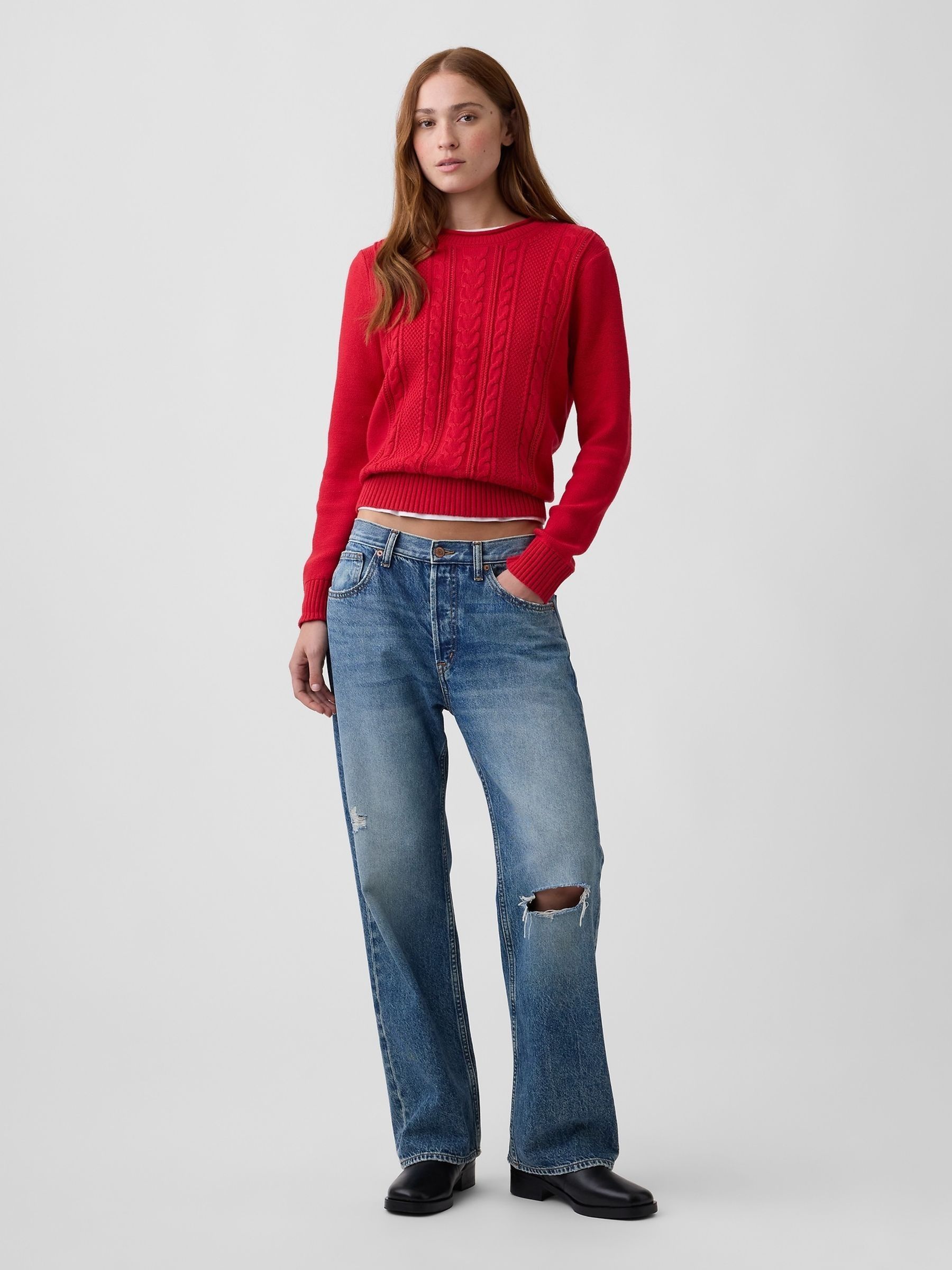 Red Rolled Neck Cable-Knit Jumper - Image 3 of 4