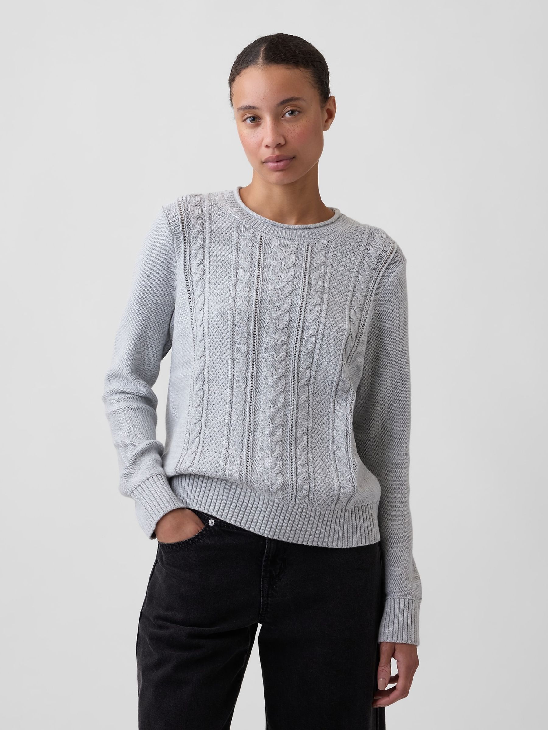 Grey Rolled Neck Cable-Knit Jumper - Image 1 of 4 Grey Rolled Neck Cable-Knit Jumper - Image 1 of 4