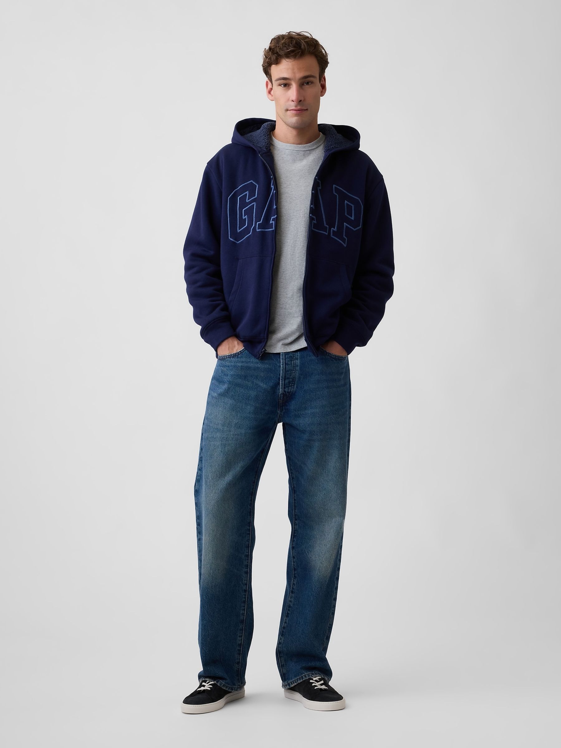 Navy Relaxed Logo Sherpa-Lined Zip-Up Hoodie - Image 3 of 4