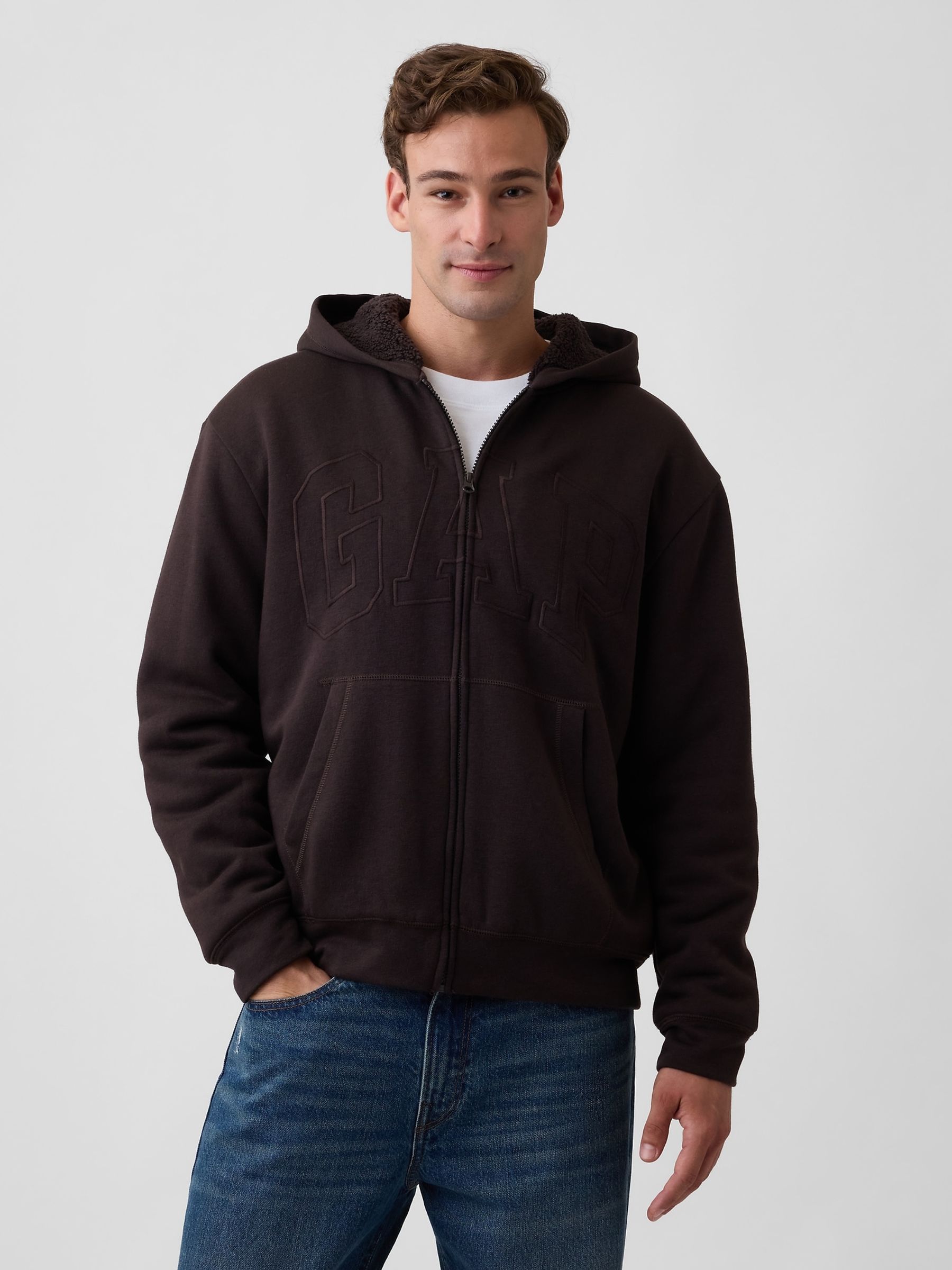 Brown Relaxed Logo Sherpa-Lined Zip-Up Hoodie - Image 1 of 4 Brown Relaxed Logo Sherpa-Lined Zip-Up Hoodie - Image 1 of 4