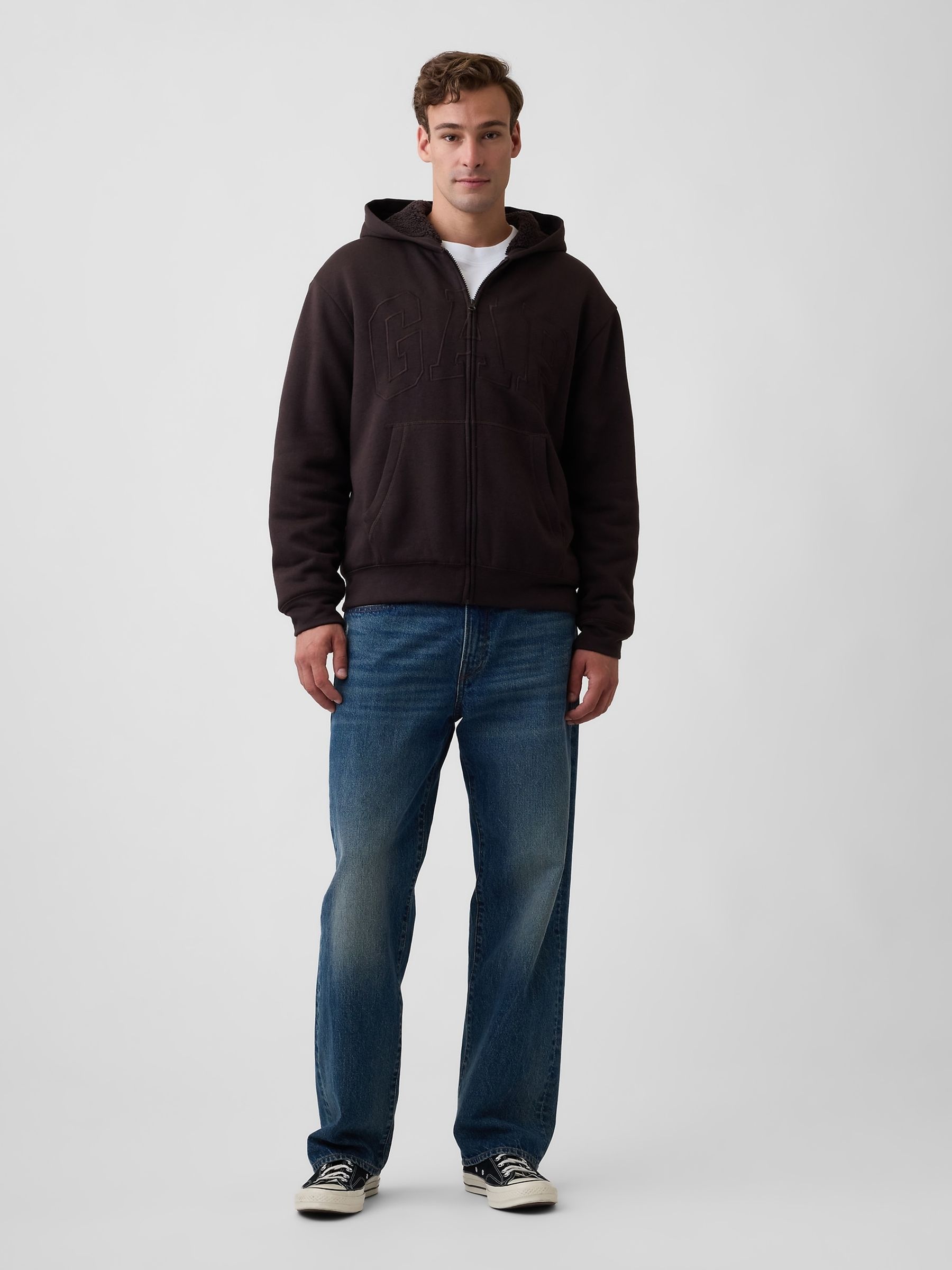 Brown Relaxed Logo Sherpa-Lined Zip-Up Hoodie - Image 3 of 4