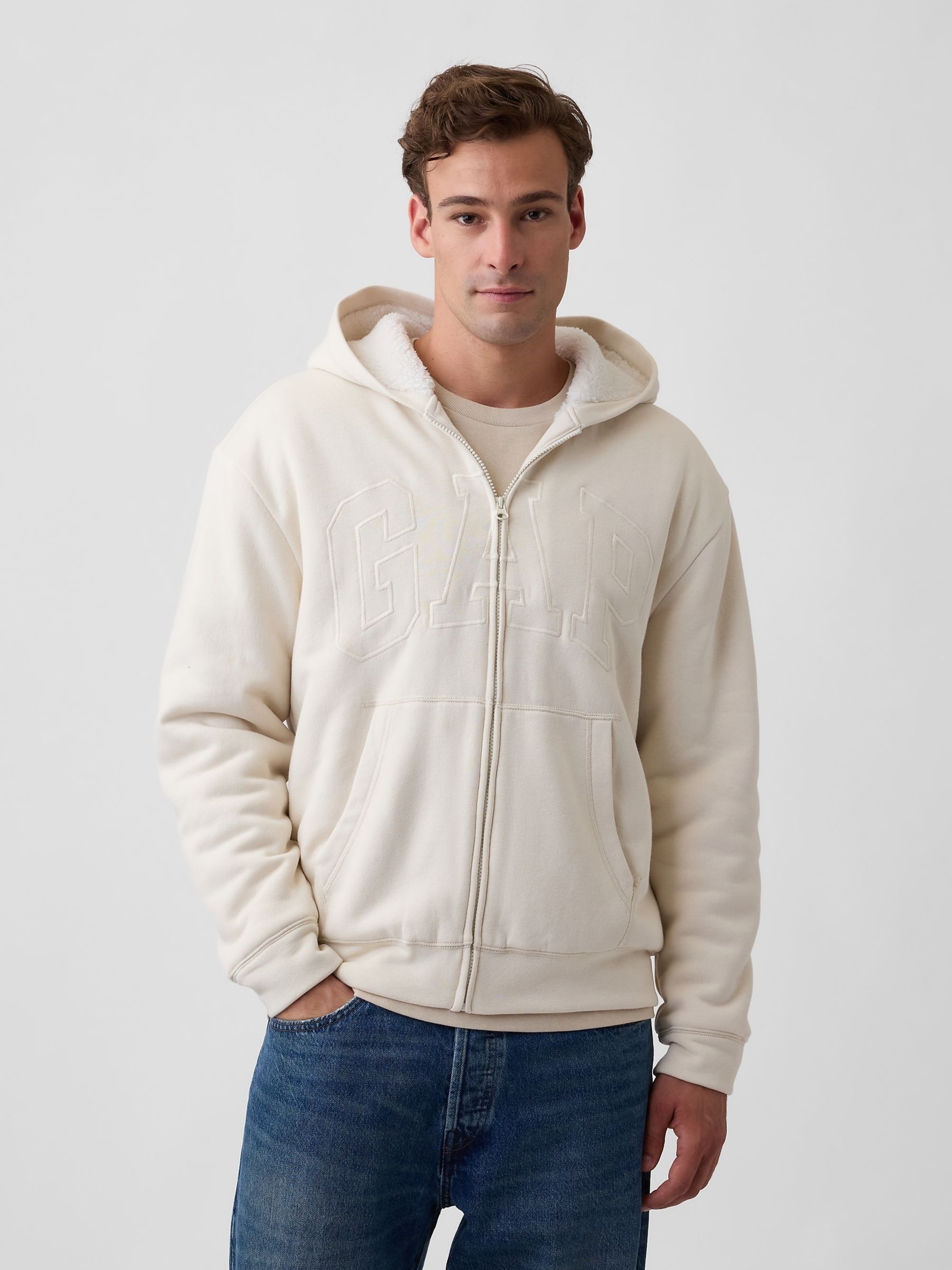 Cream Relaxed Logo Sherpa-Lined Zip-Up Hoodie - Image 1 of 4 Cream Relaxed Logo Sherpa-Lined Zip-Up Hoodie - Image 1 of 4