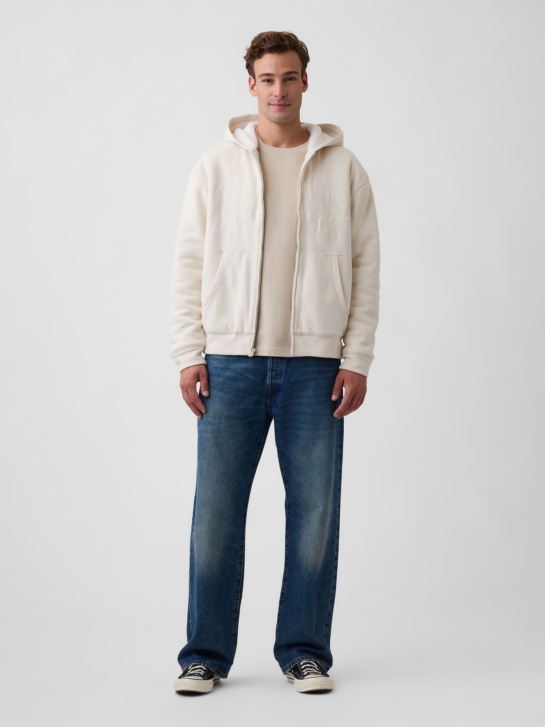 Cream Relaxed Logo Sherpa-Lined Zip-Up Hoodie - Image 3 of 4