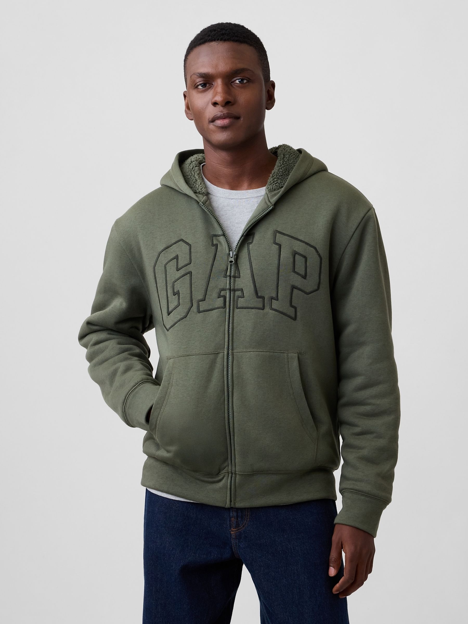Khaki Green Relaxed Logo Sherpa-Lined Zip-Up Hoodie - Image 1 of 4 Khaki Green Relaxed Logo Sherpa-Lined Zip-Up Hoodie - Image 1 of 4