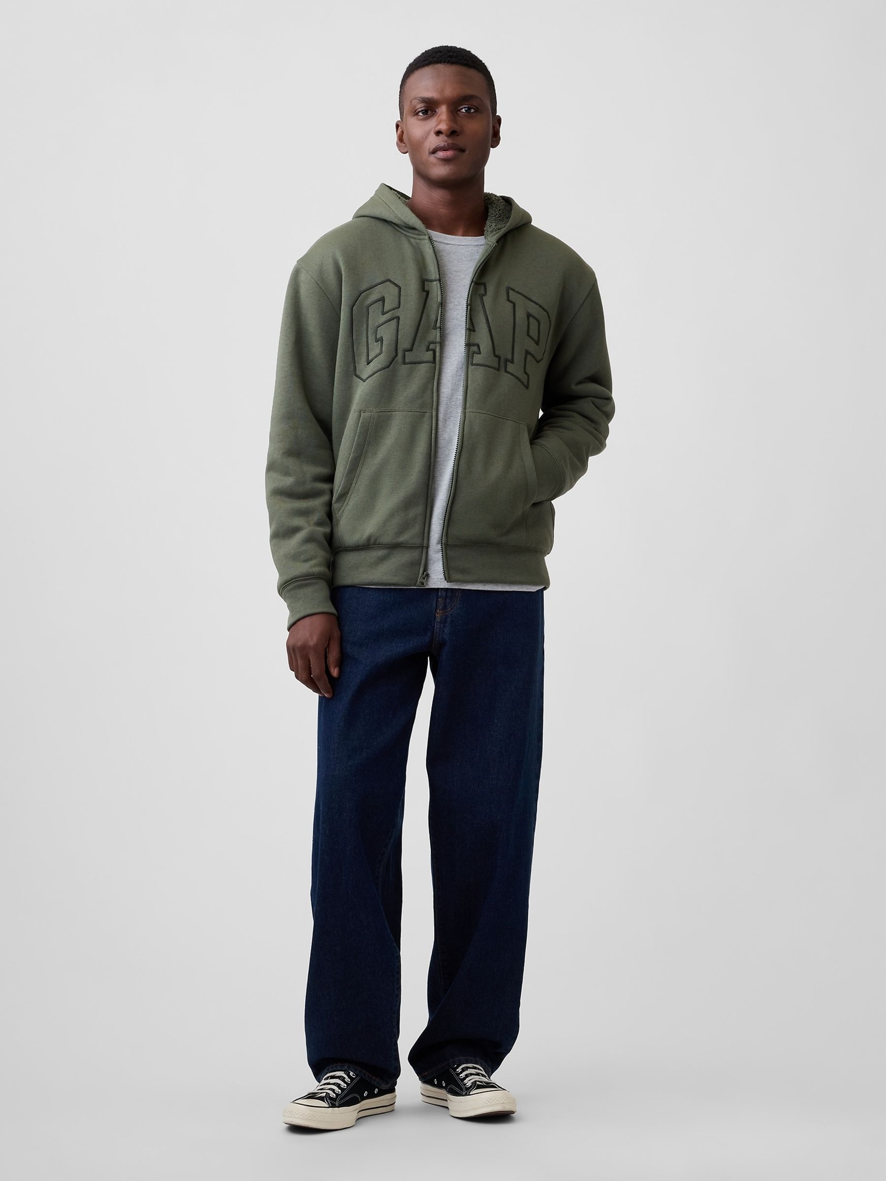 Khaki Green Relaxed Logo Sherpa-Lined Zip-Up Hoodie - Image 3 of 4