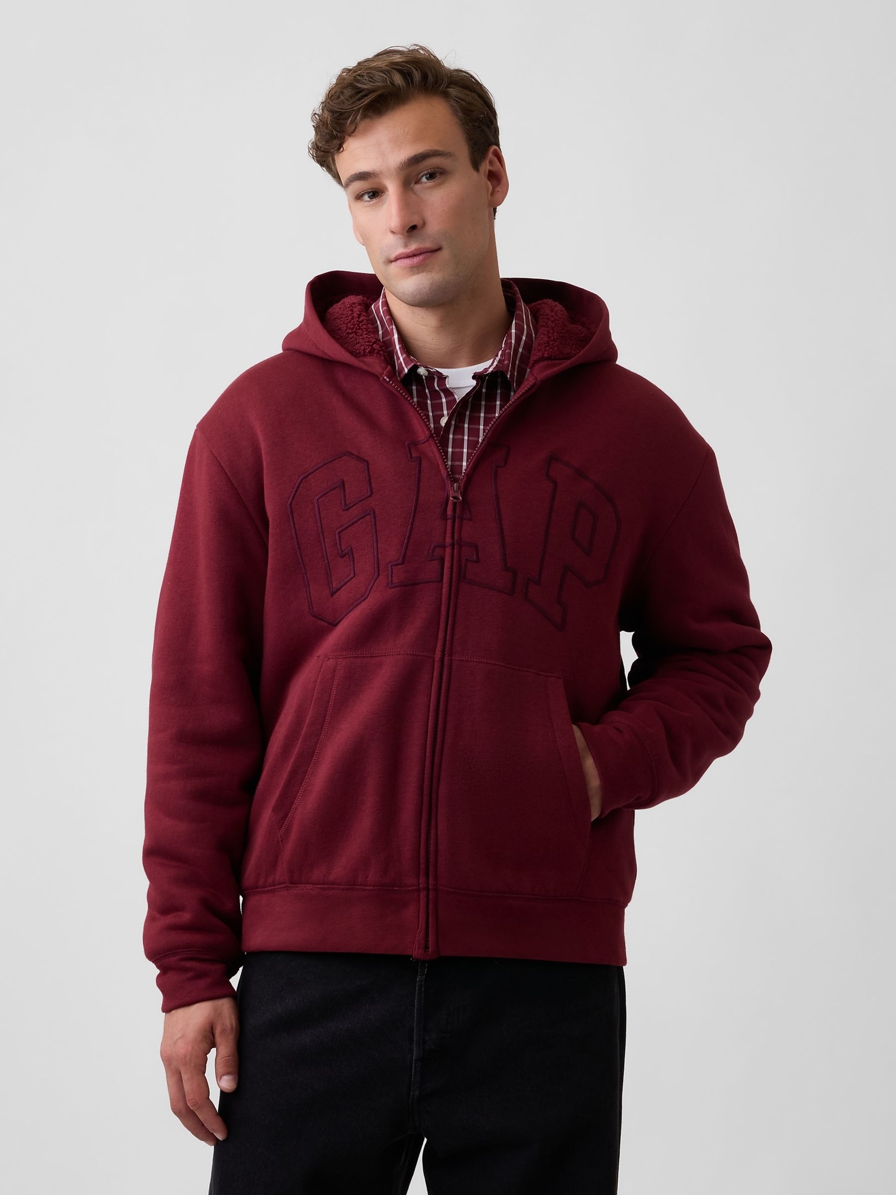 Burgundy Relaxed Logo Sherpa-Lined Zip-Up Hoodie - Image 1 of 4 Burgundy Relaxed Logo Sherpa-Lined Zip-Up Hoodie - Image 1 of 4