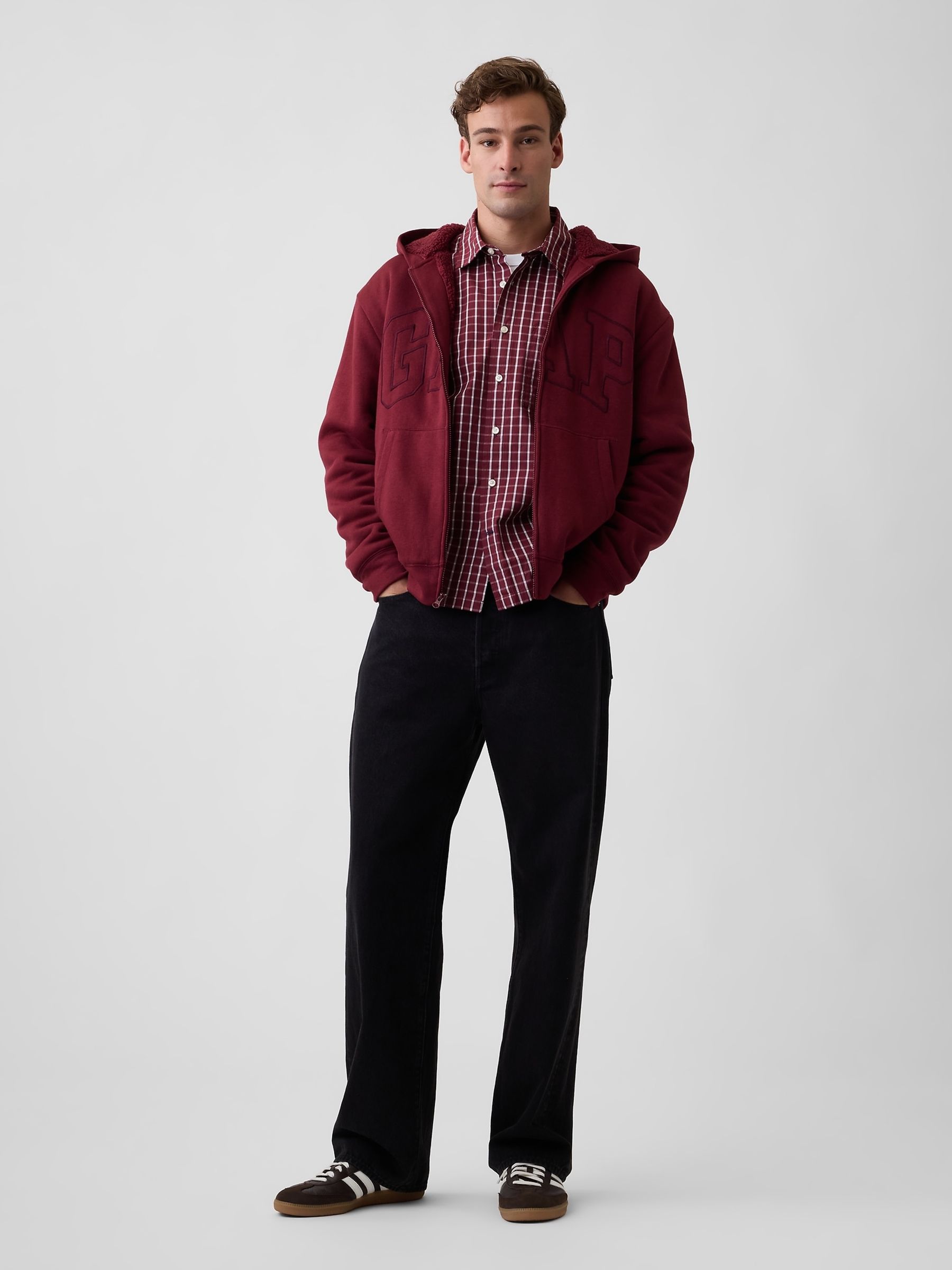 Burgundy Relaxed Logo Sherpa-Lined Zip-Up Hoodie - Image 3 of 4