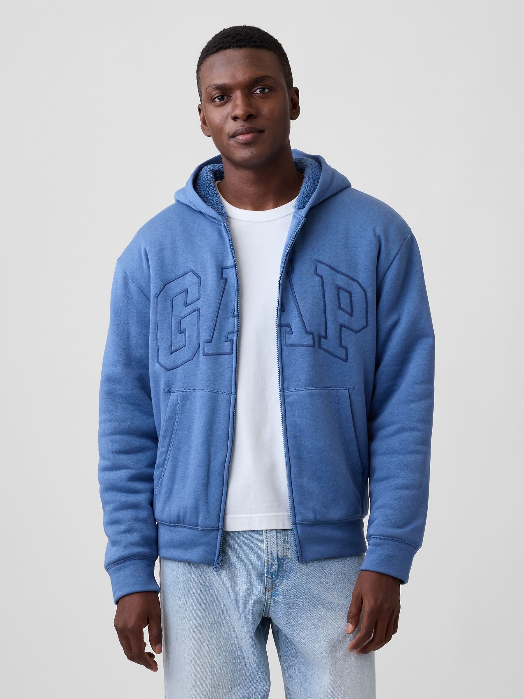Blue Relaxed Logo Sherpa-Lined Zip-Up Hoodie - Image 1 of 4