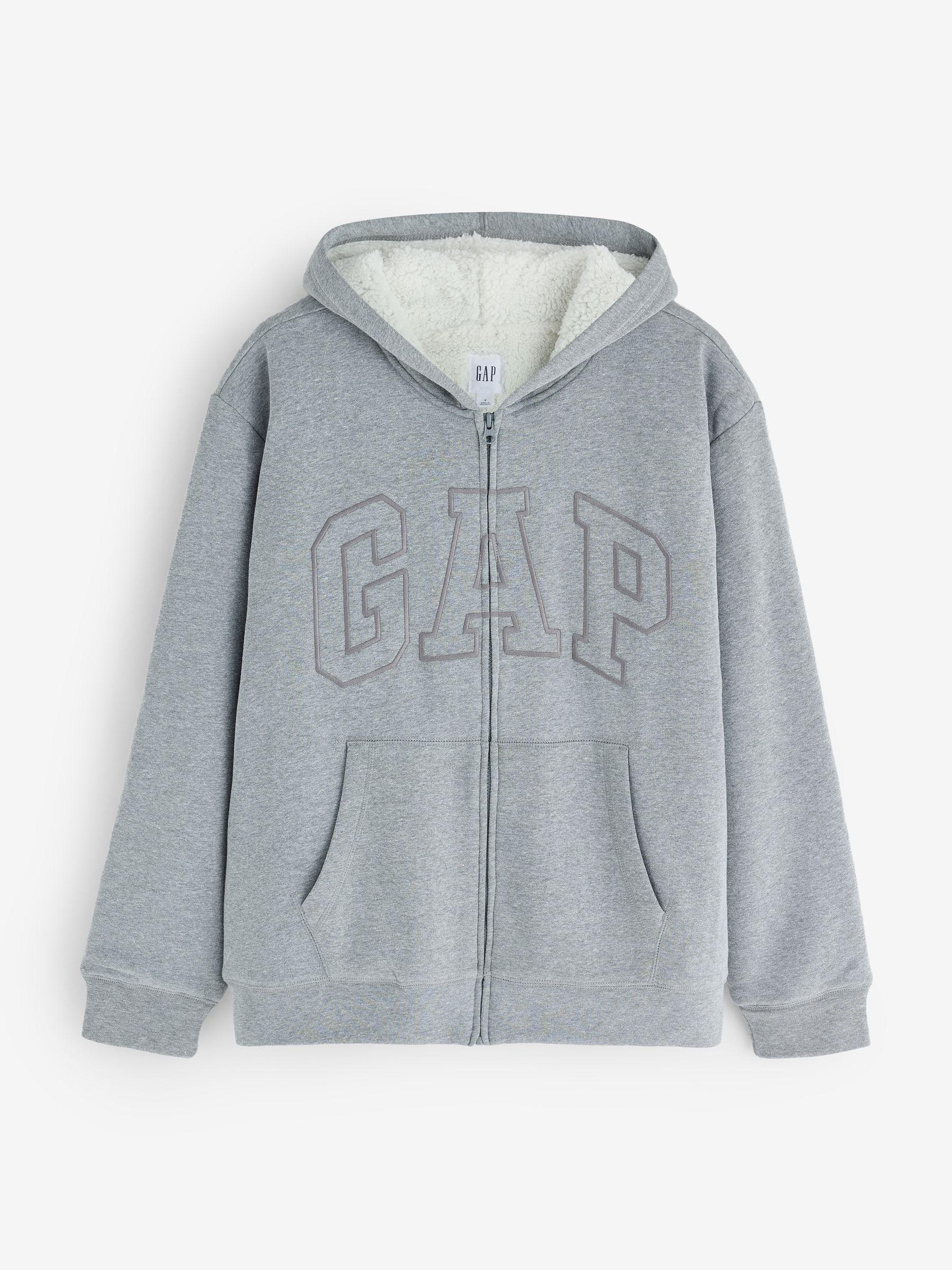 Grey Relaxed Logo Sherpa-Lined Zip-Up Hoodie - Image 1 of 4