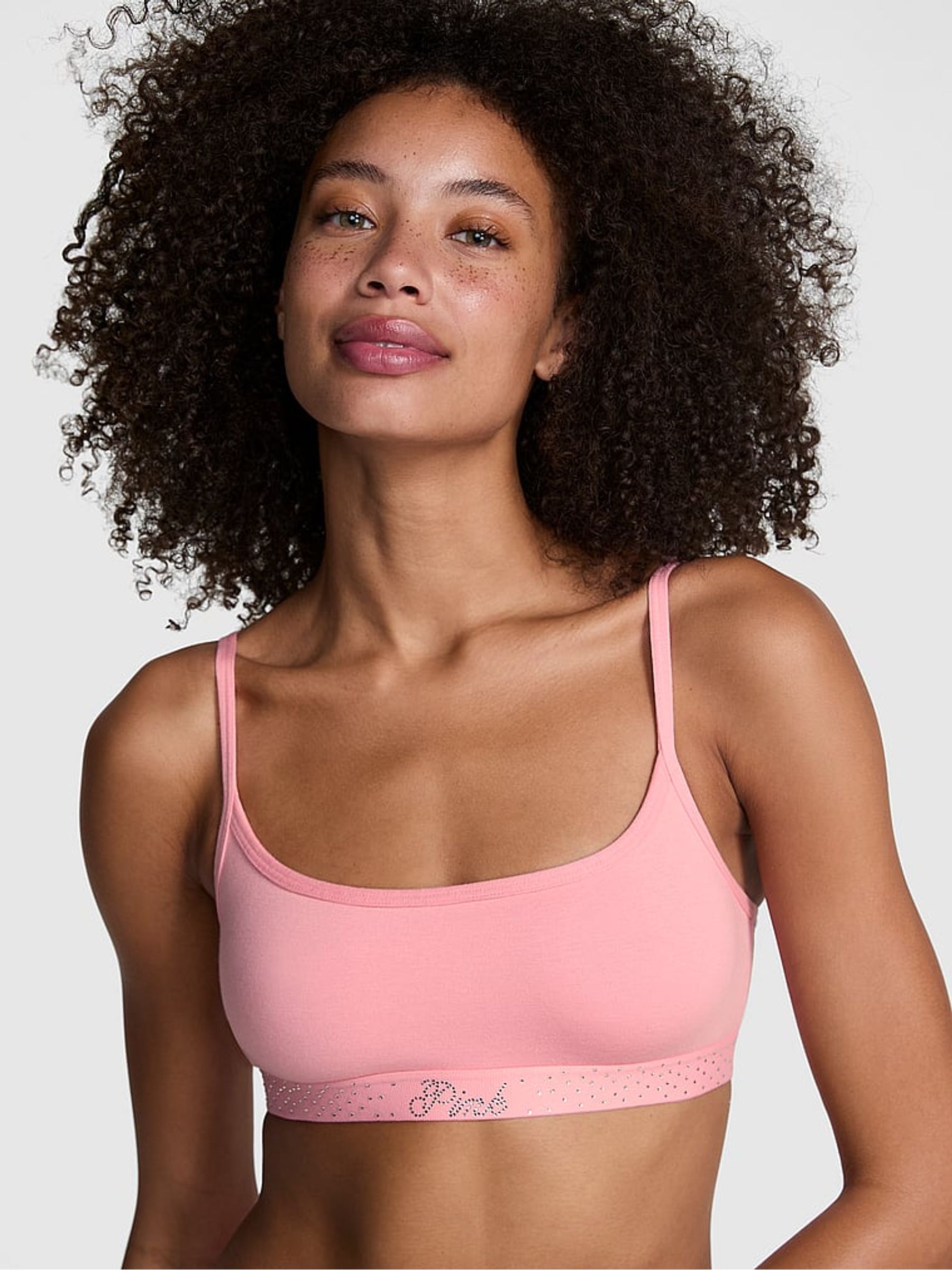 Petal Pink Diamante Cotton Logo Skinny Scoop Bralette - Image 1 of 3