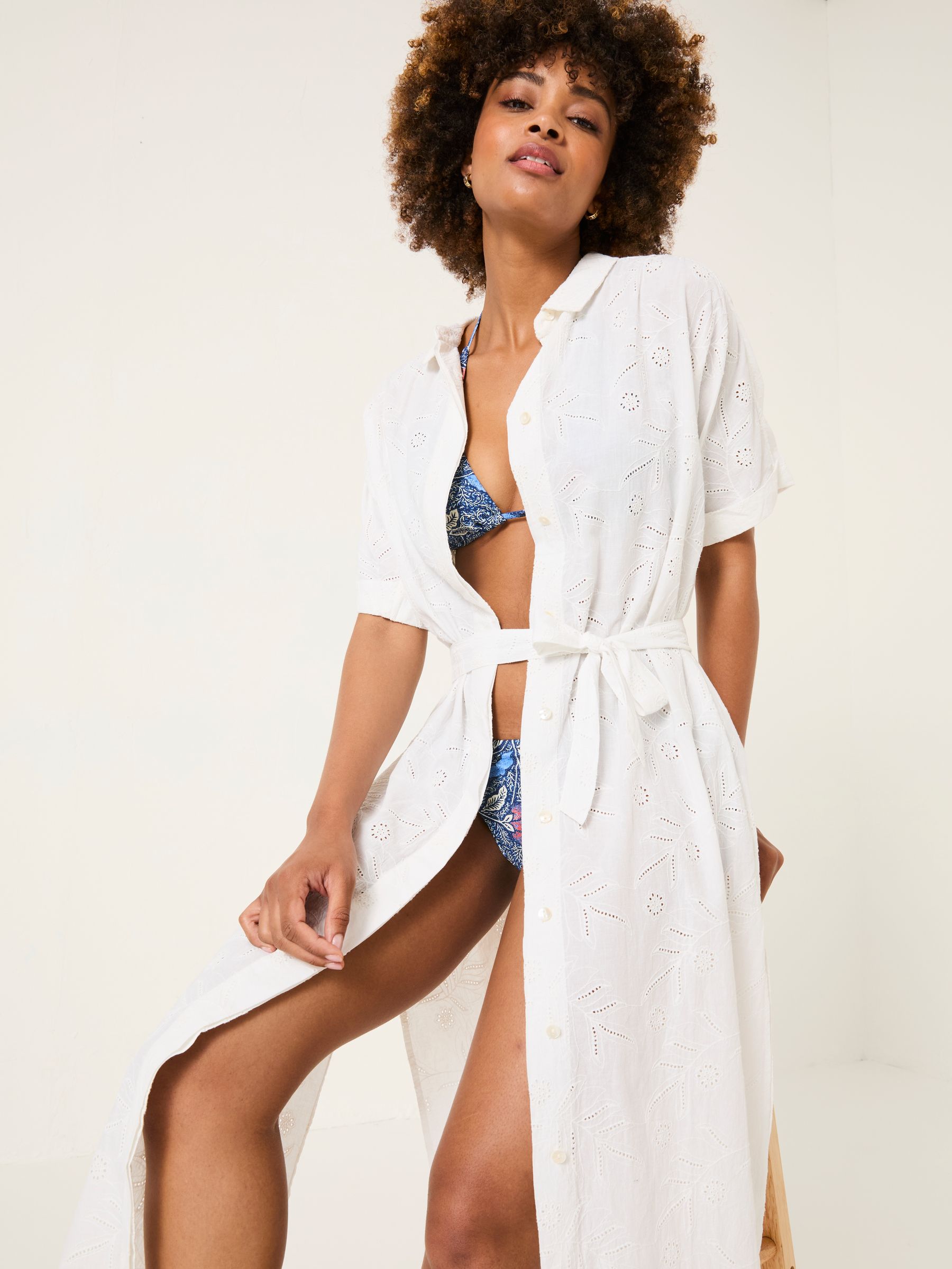 Ivory 100% Cotton Beachwear Broderie Shirt Dress - Image 3 of 11